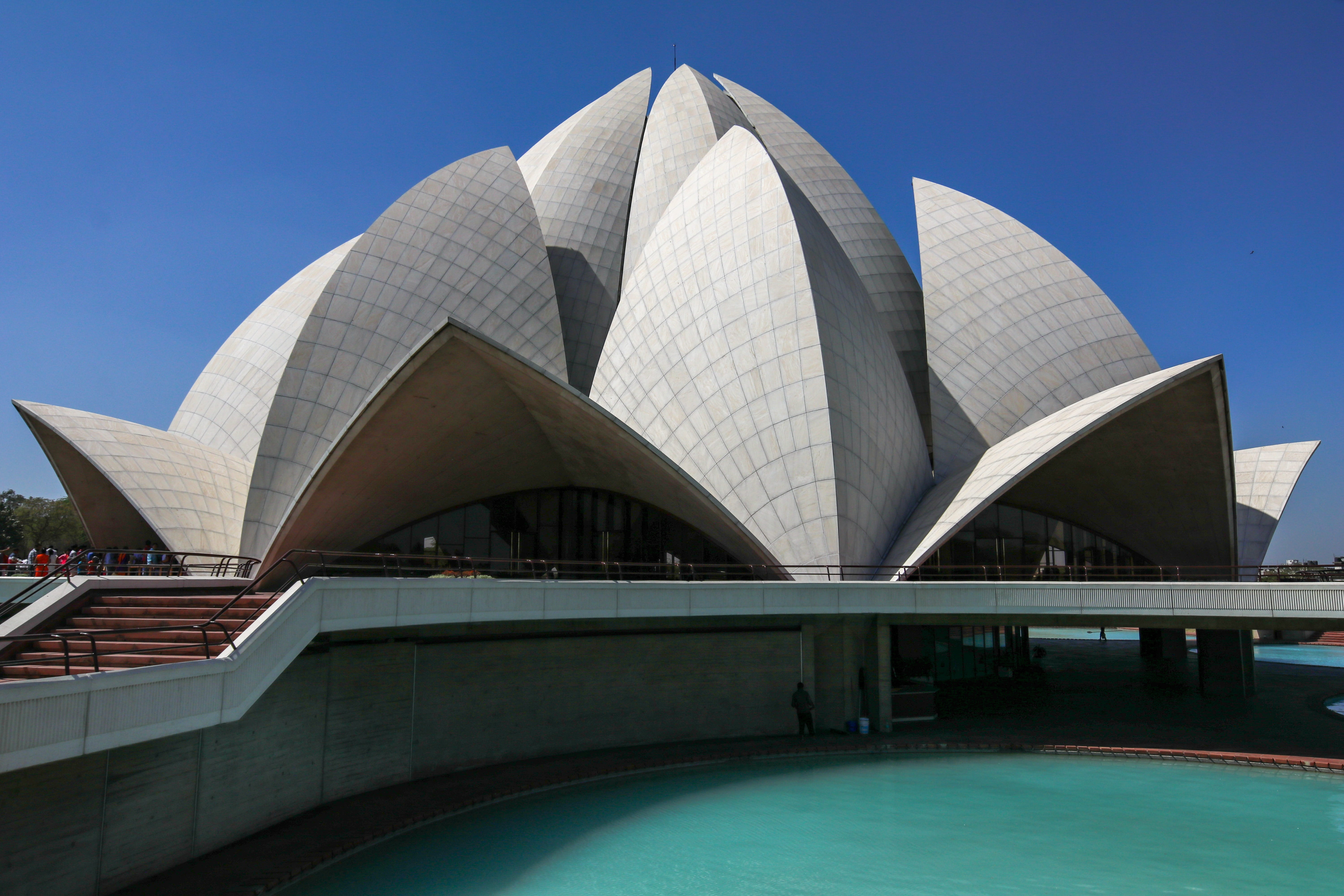 nature, outdoors, arts culture and entertainment, reflection, 5K, lotus temple, modern, travel destinations, building exterior, blue, india, travel, no people, HD Wallpaper