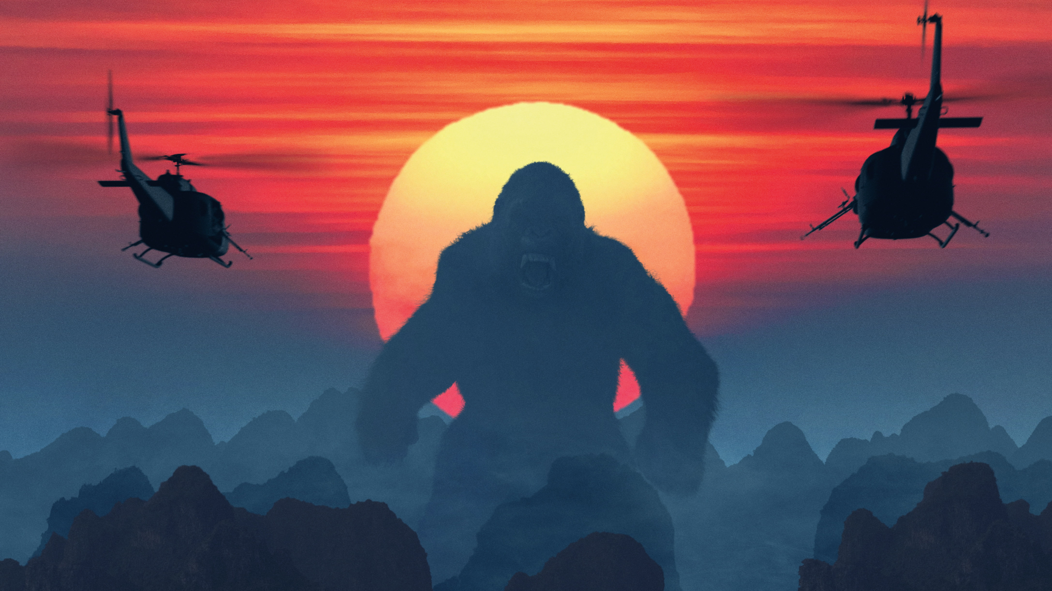 sunset, outdoors, mid-air, silhouette, leisure activity, scenics - nature, sky, Kong: Skull Island, 2017 Movies, sun, orange color, adult, nature, Adventure, HD Wallpaper