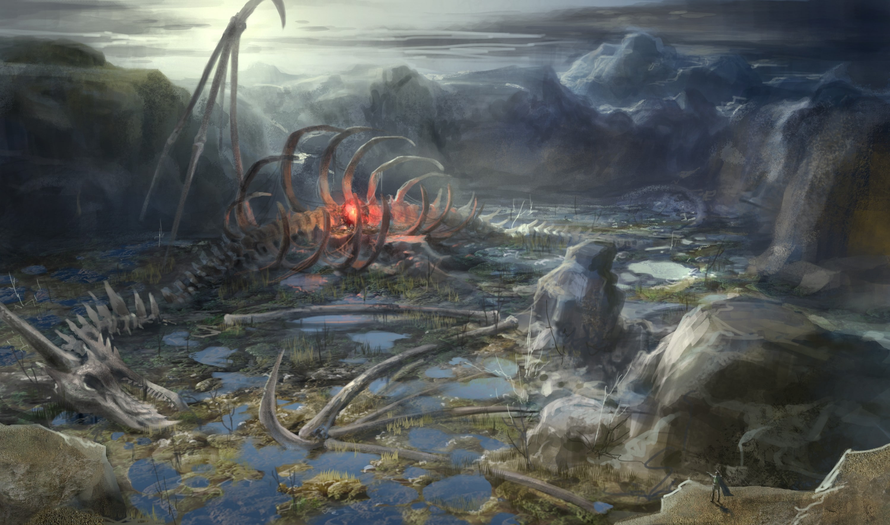 smoke - physical structure, burning, fire, non-urban scene, transparent, lake, dragon, no people, heat - temperature, bones, rock, motion, fantasy art, HD Wallpaper