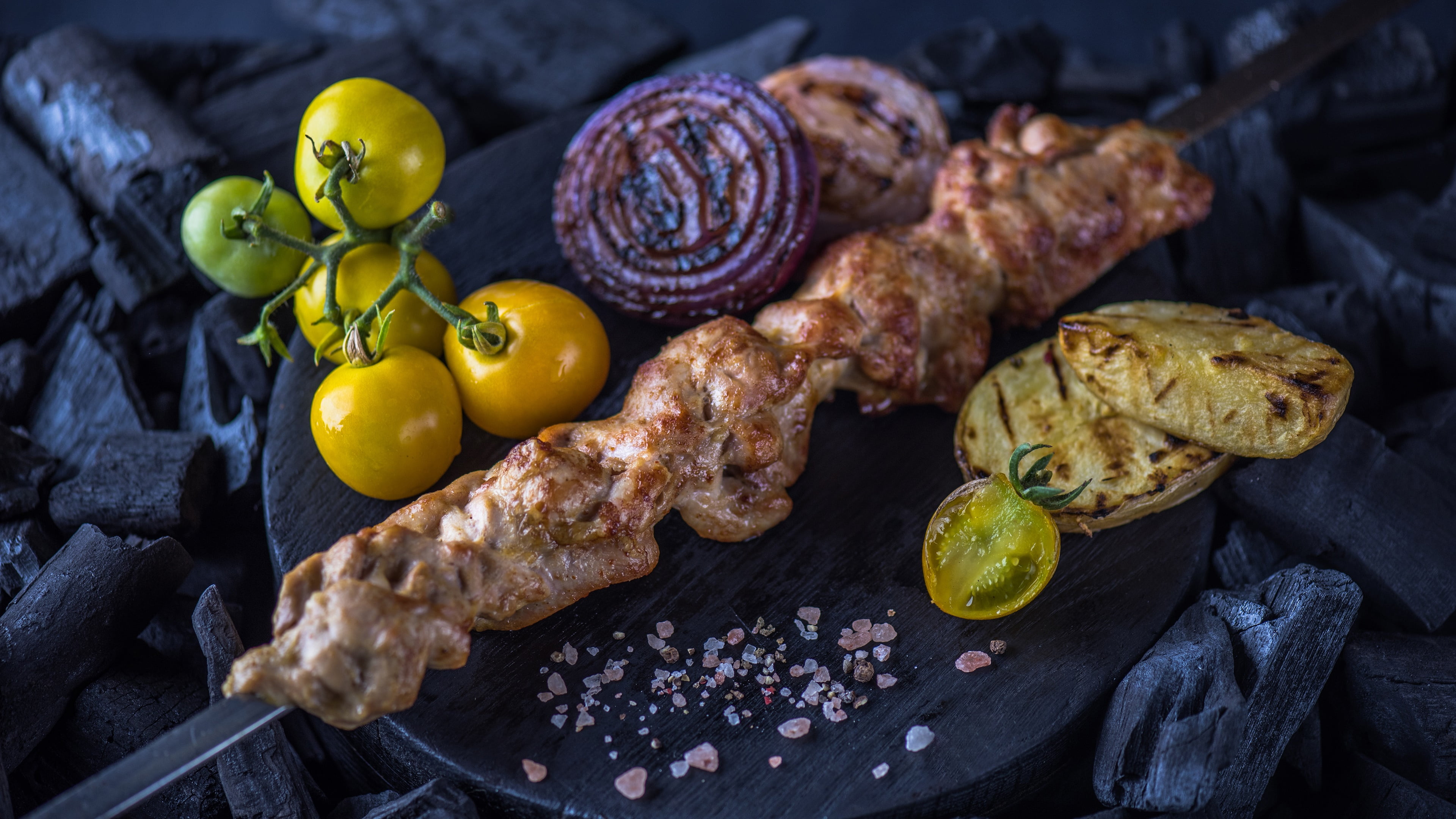 4K, fruit, shashlik, grilled food, indoors, cuisine, still life, citrus fruit, close-up, white meat, grilled, barbecue, chicken meat, animal source foods, HD Wallpaper