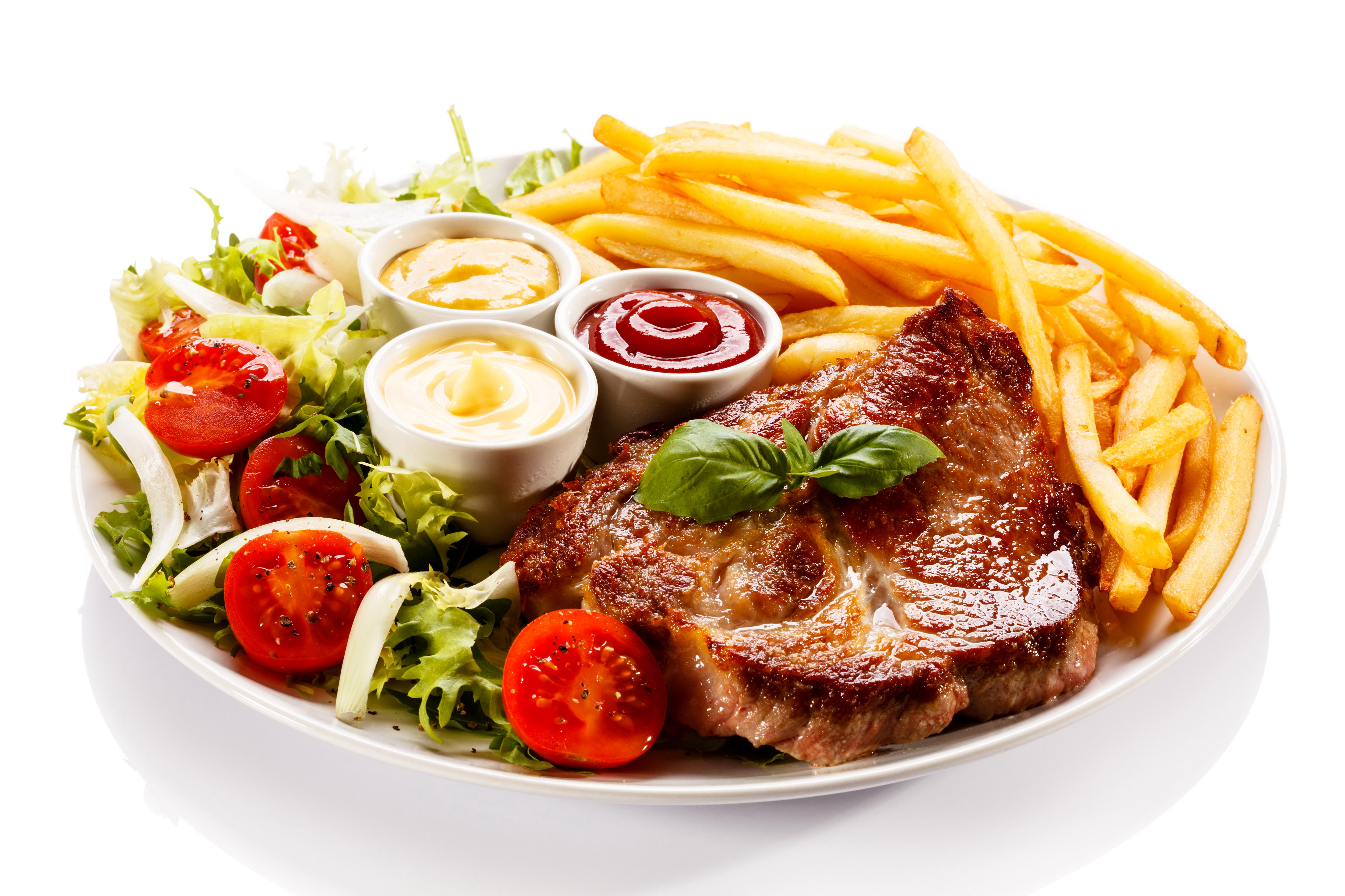 fillet, prepared Potato, food, 4K, gourmet, meal, french, slice, herb, onion, red meat, no People, snack, french Fries, white, salad, cut out, cheese, HD Wallpaper