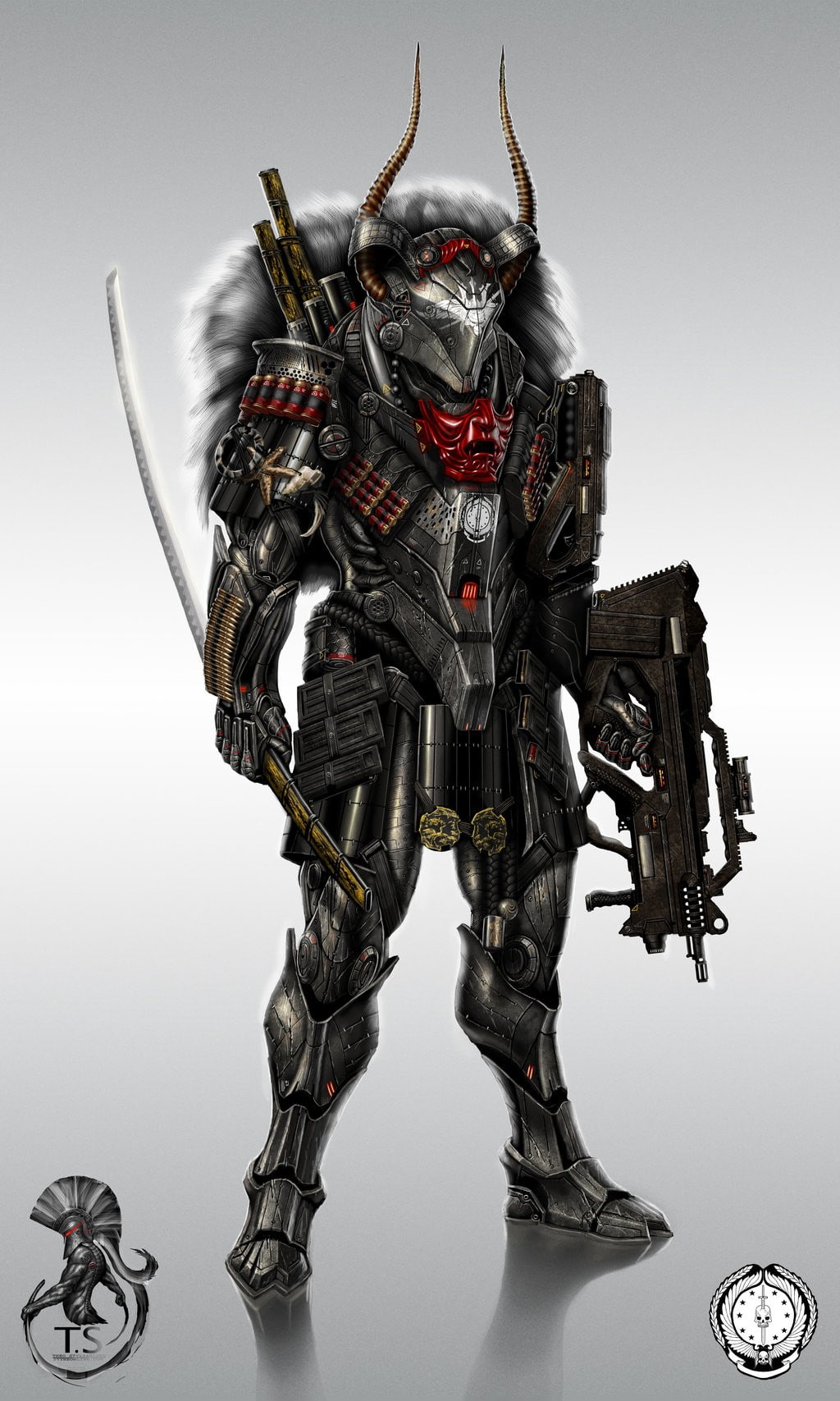 shogun, futuristic, aircraft, 720P, armor, horns, warrio, art, samurai, digital, concept, concepts, zatichi, Guns, weapons, soldiers, hd, Phone HD Wallpaper