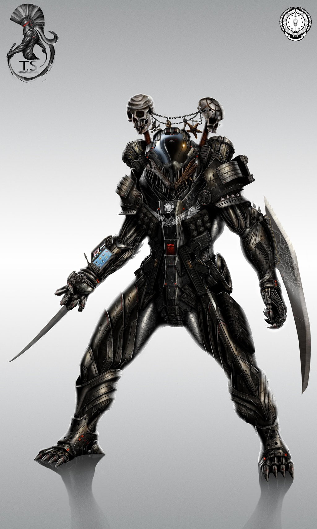 artwork, blades, armor, concept, Skulls, Futuristic, fiction, suit, hd, digital, 720P, weapons, art, concepts, science, armored, aircraft, Phone HD Wallpaper