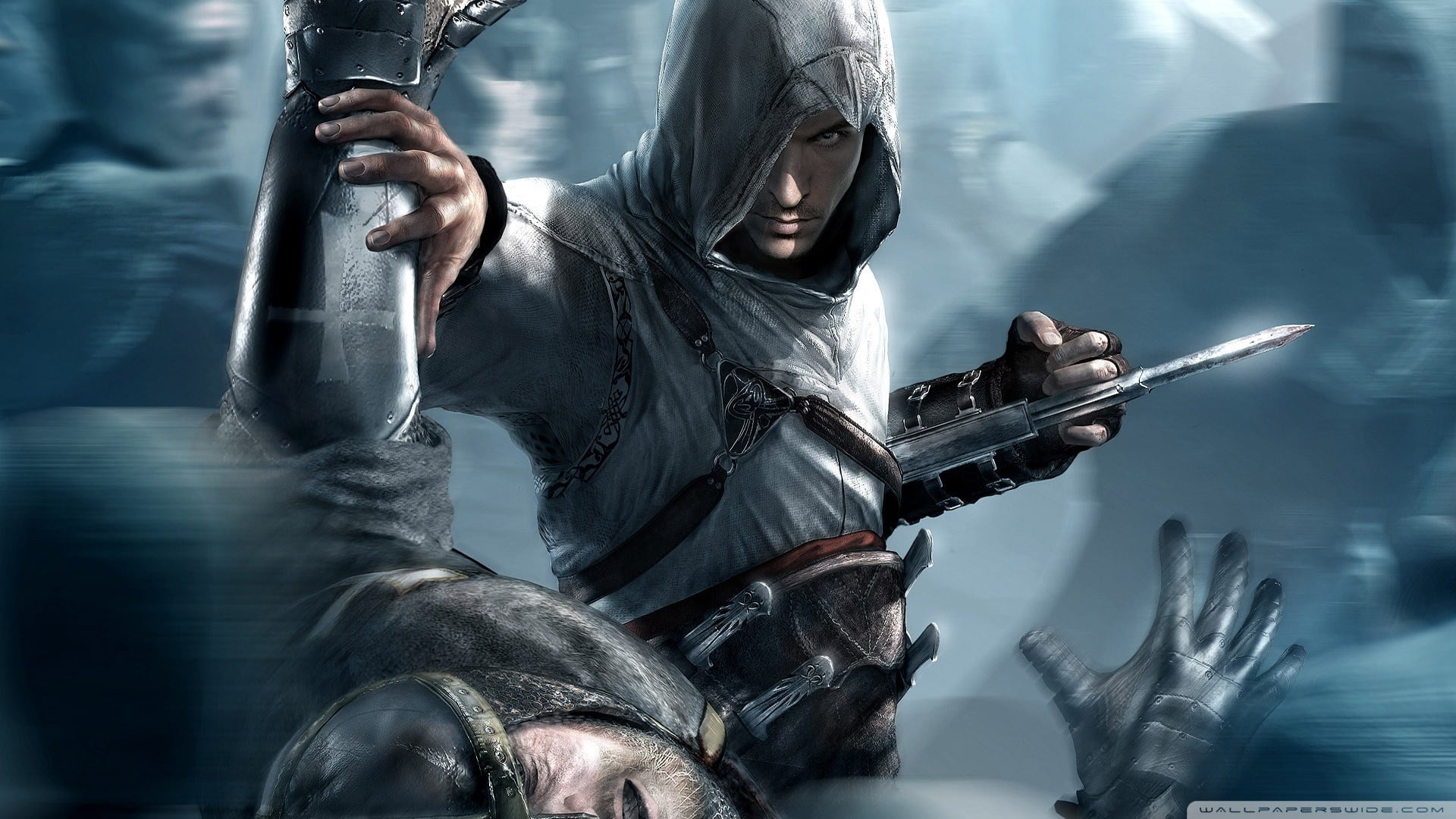 adult, creed, young adult, metal, front view, aggression, illustration, disguise, weapon, assassin, violence, men, holding, looking at camera, video games, HD Wallpaper