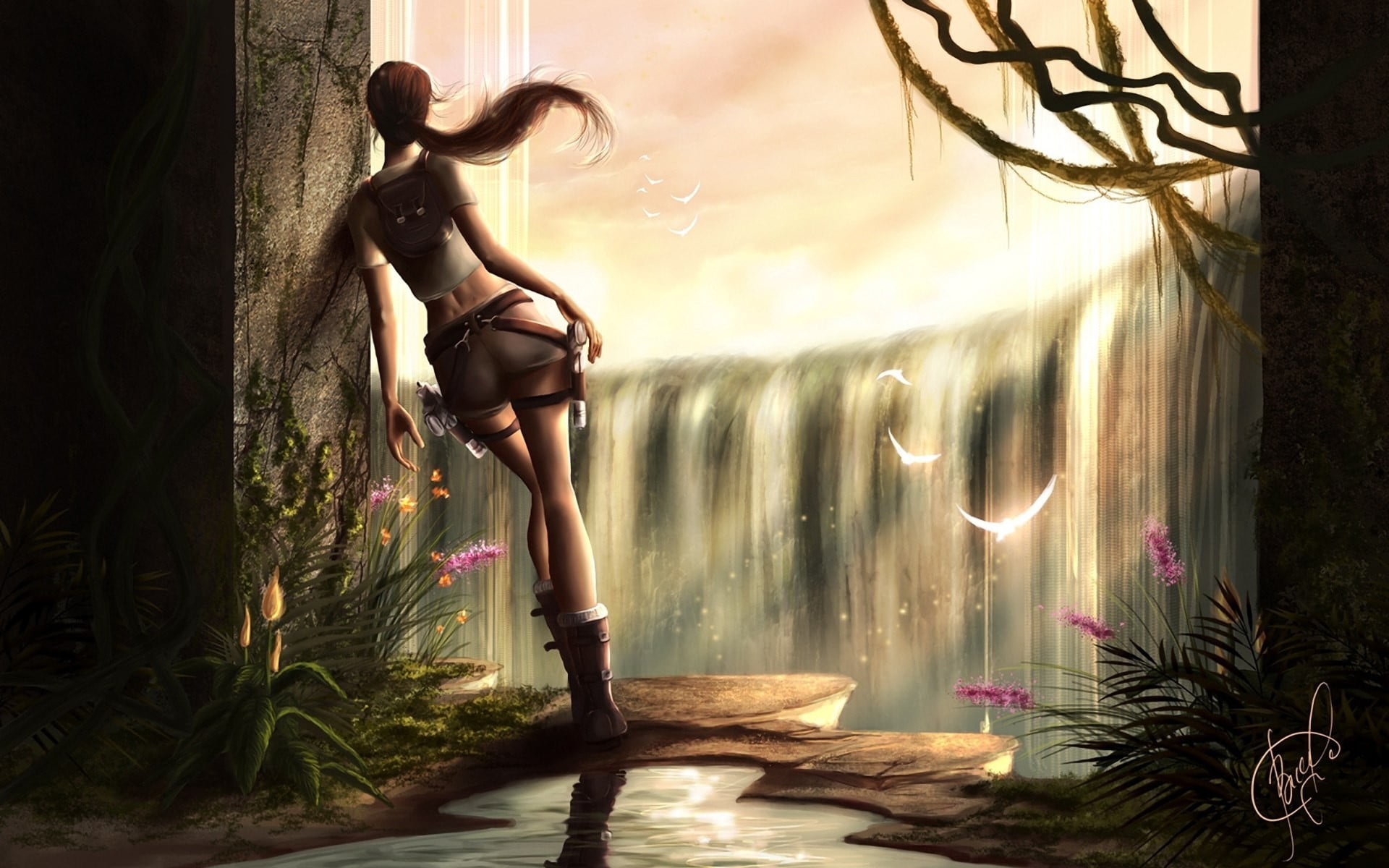 legs, hairstyle, young women, 1080P, Lara Croft, plant, real people, leisure activity, standing, Tomb Raider, woman, sunlight, one person, clothing, HD Wallpaper