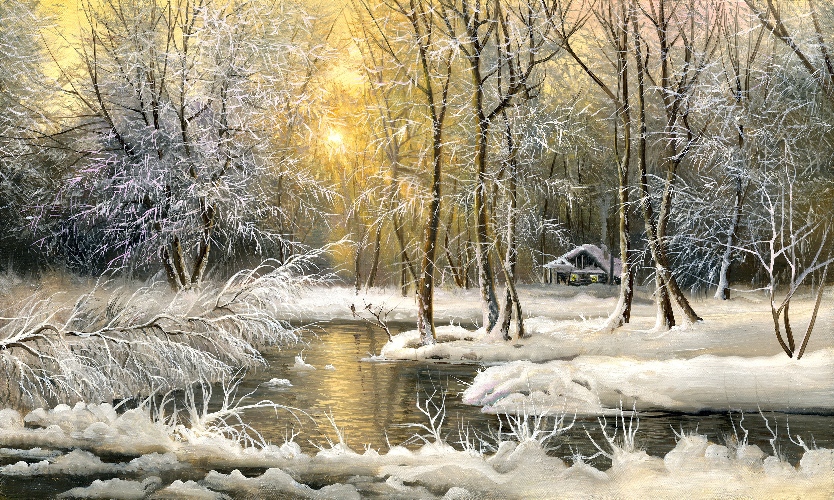 painting, cold, winter, trees, 2K, oil, house, snow, HD Wallpaper