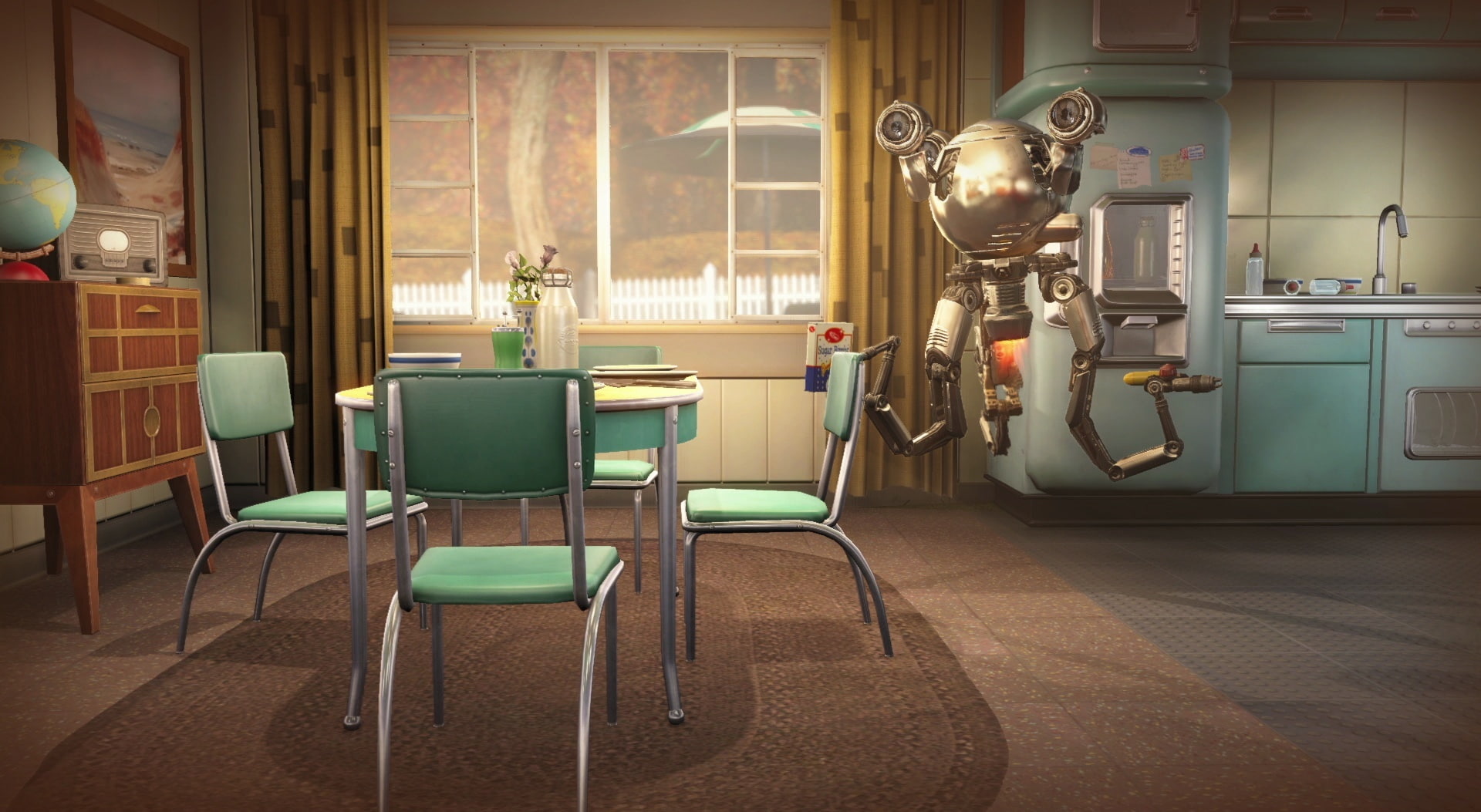 electric lamp, chair, furniture, Games, chairs, metal, videogame, no people, Handy, fallout 4, home interior, clock, lighting equipment, seat, indoors, HD Wallpaper