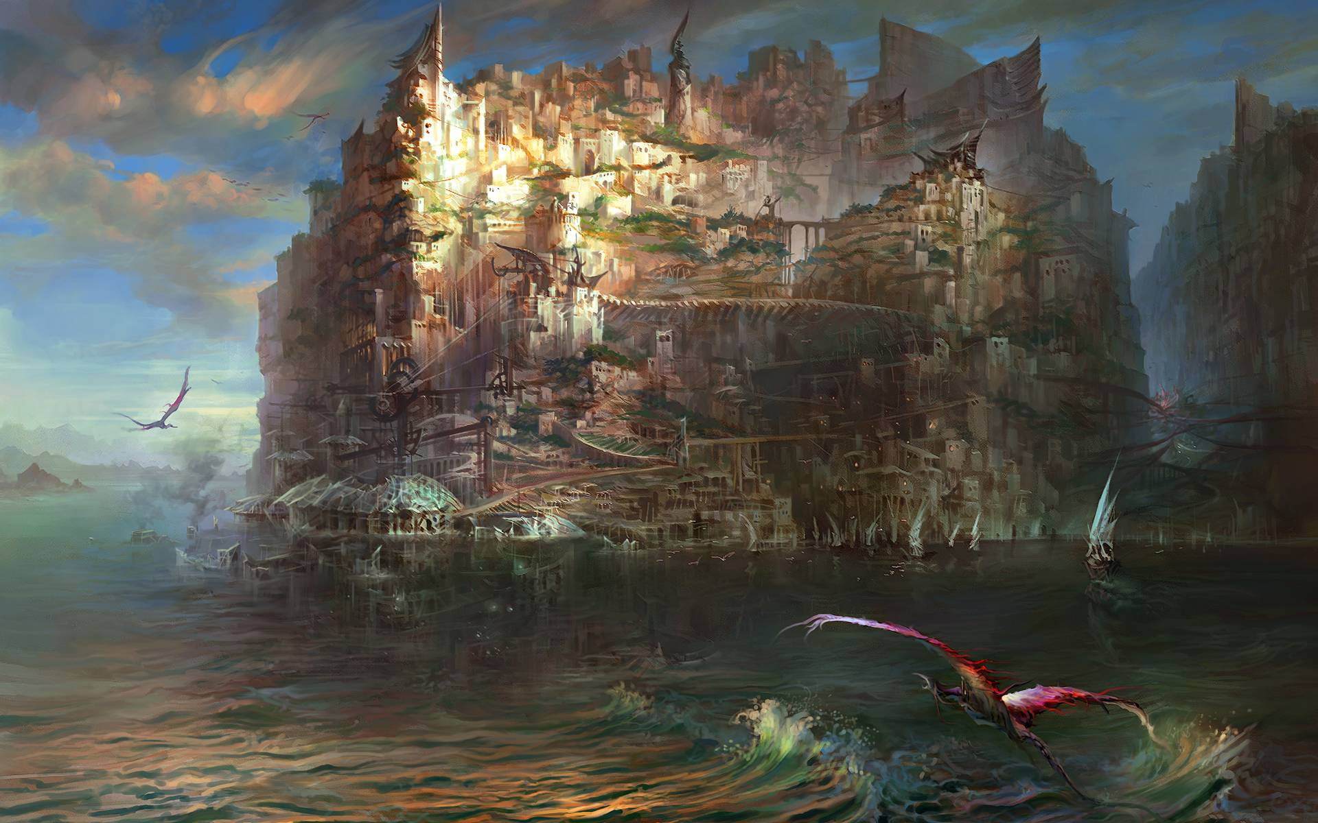 ocean, sea, fantasy, cities, torment, numenera, art, dragon, waves, 1080P, water, tides, drawing, HD Wallpaper