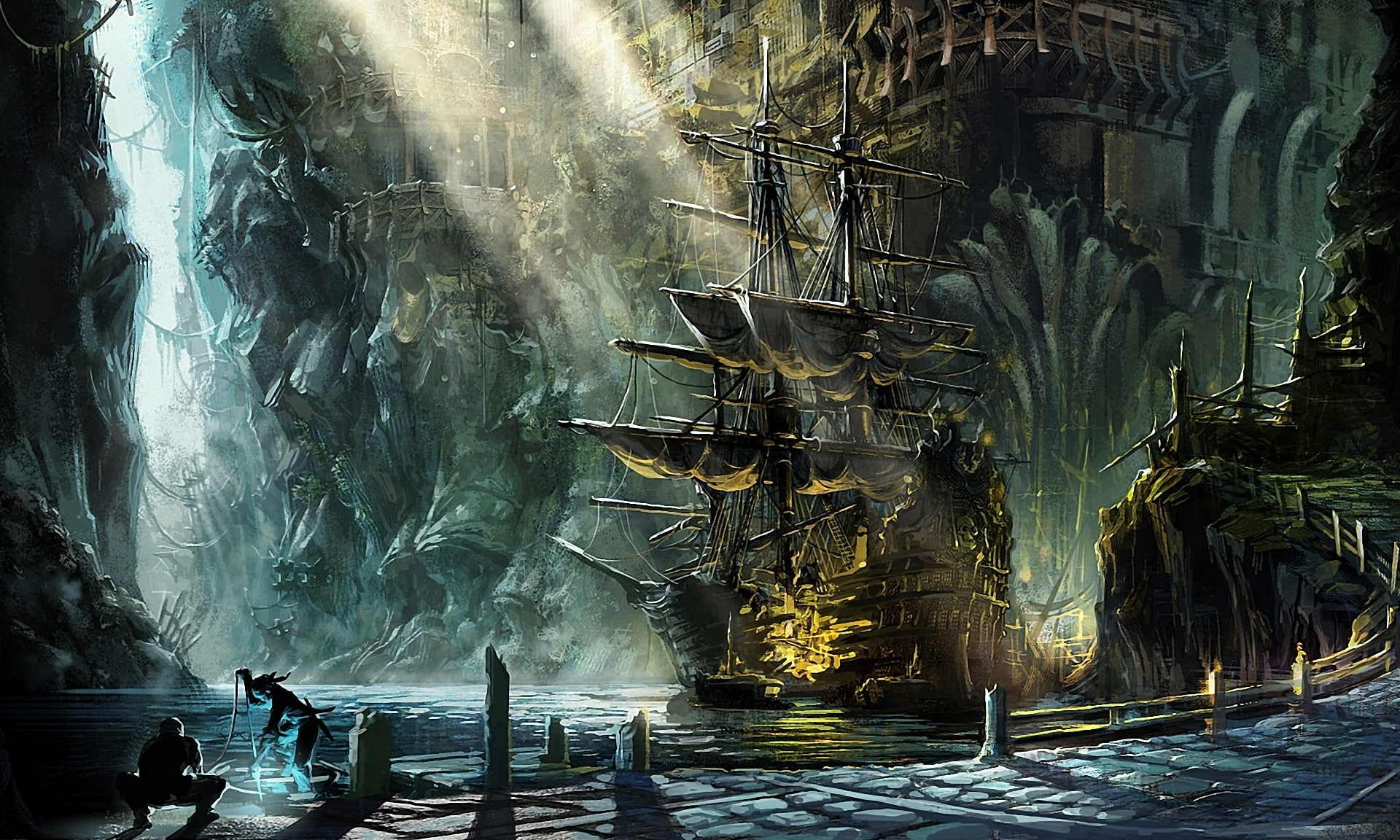 pirate, Magic, art, sunlight, Harbor, 1080P, People, ship, Bay, Beam, cities, fantasy, ray, HD Wallpaper