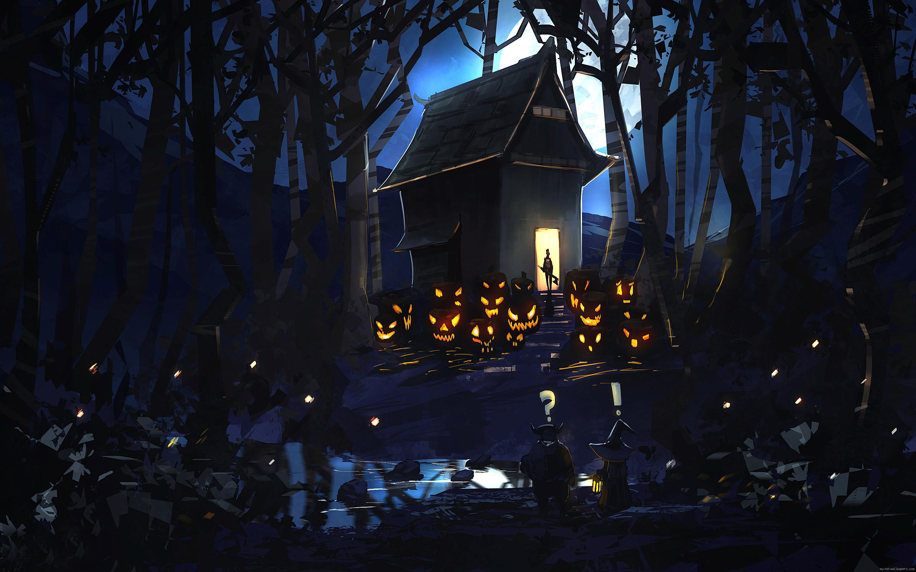 night, halloween, dark, crowd, pumpkin, cartoon, christmas, haunted, 2K, horror, illustration, nightmare, house, HD Wallpaper