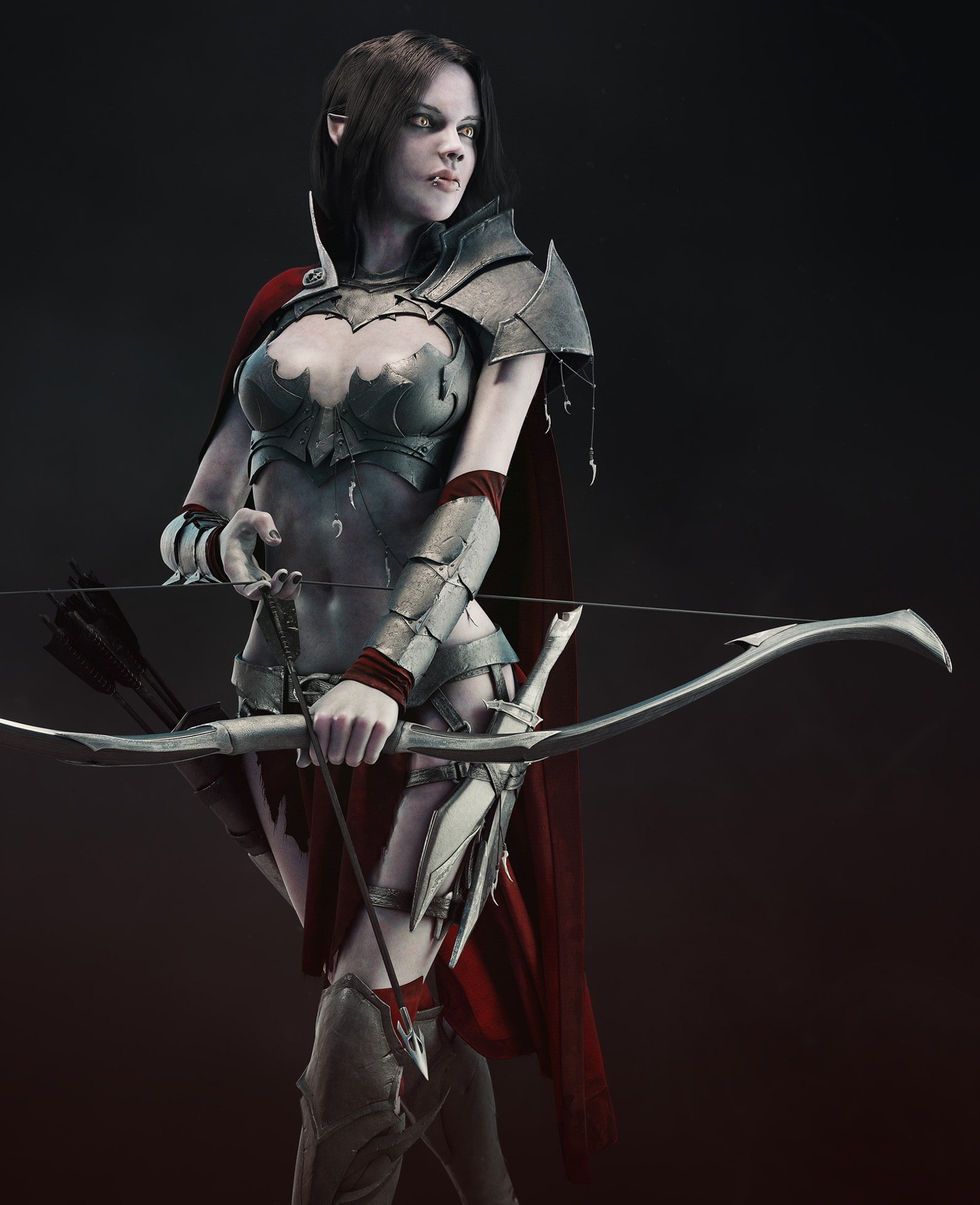 art, brunette, armor, weapon, women, dark elf, fantasy, 1080P, bows, arrows, elf, cape, fantasy art, dark, Phone HD Wallpaper