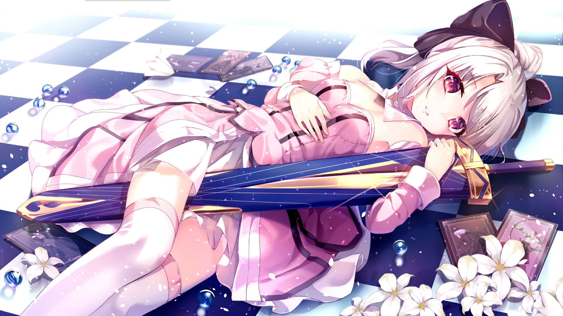 flowers, Illyasviel von Einzbern, 1080P, playing cards, sword, anime girls, Fate/kaleid liner Prisma Illya, dress, fantasy girl, comic art, anime, HD Wallpaper