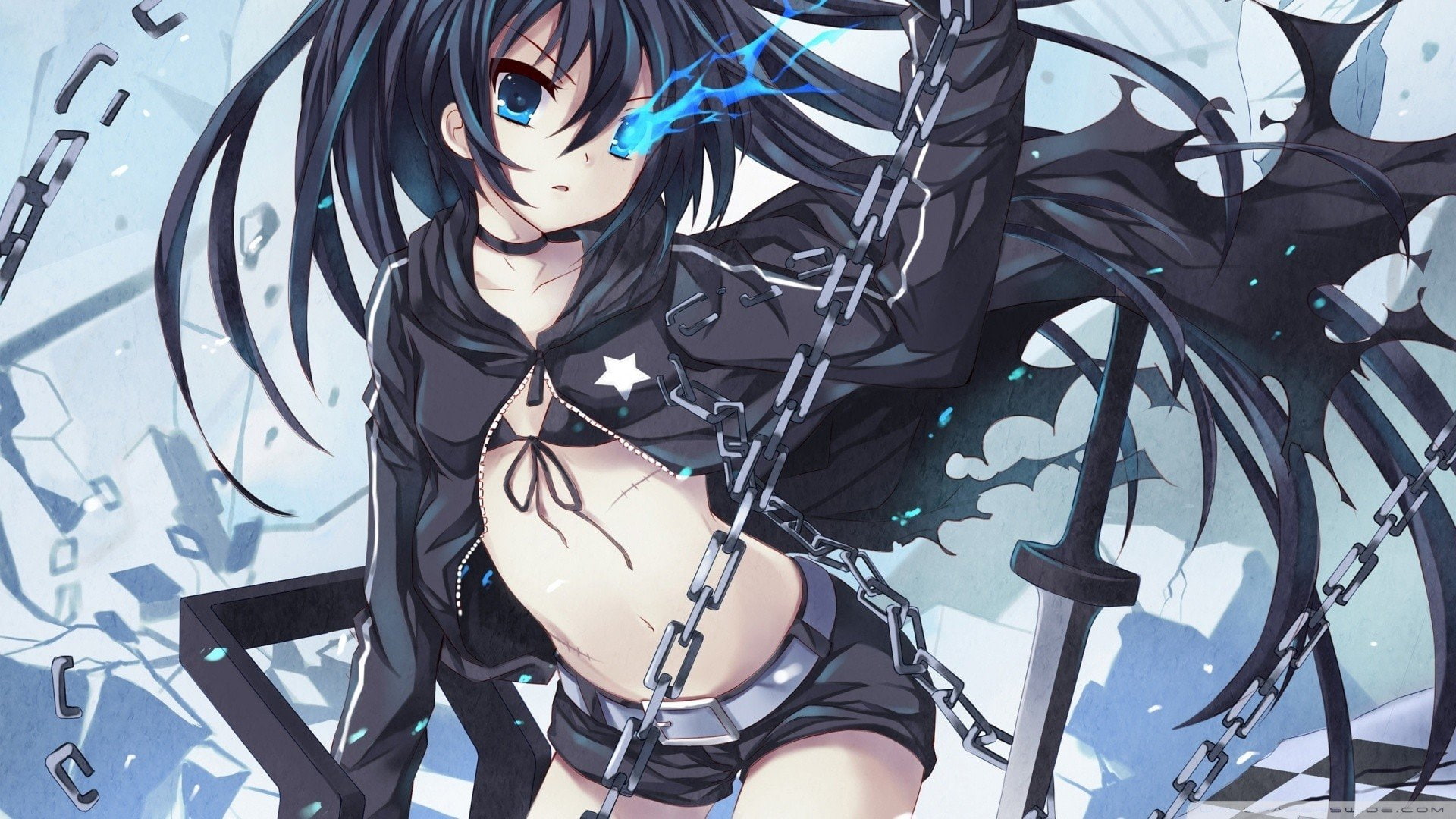 x, anime, sword, px, art, black, 1920x1080 px, 1080P, hd, Blue Eyes, Anime Girls, Black Rock Shooter, fantasy, abstract, blue, eyes, rock, shooter, girls, HD Wallpaper
