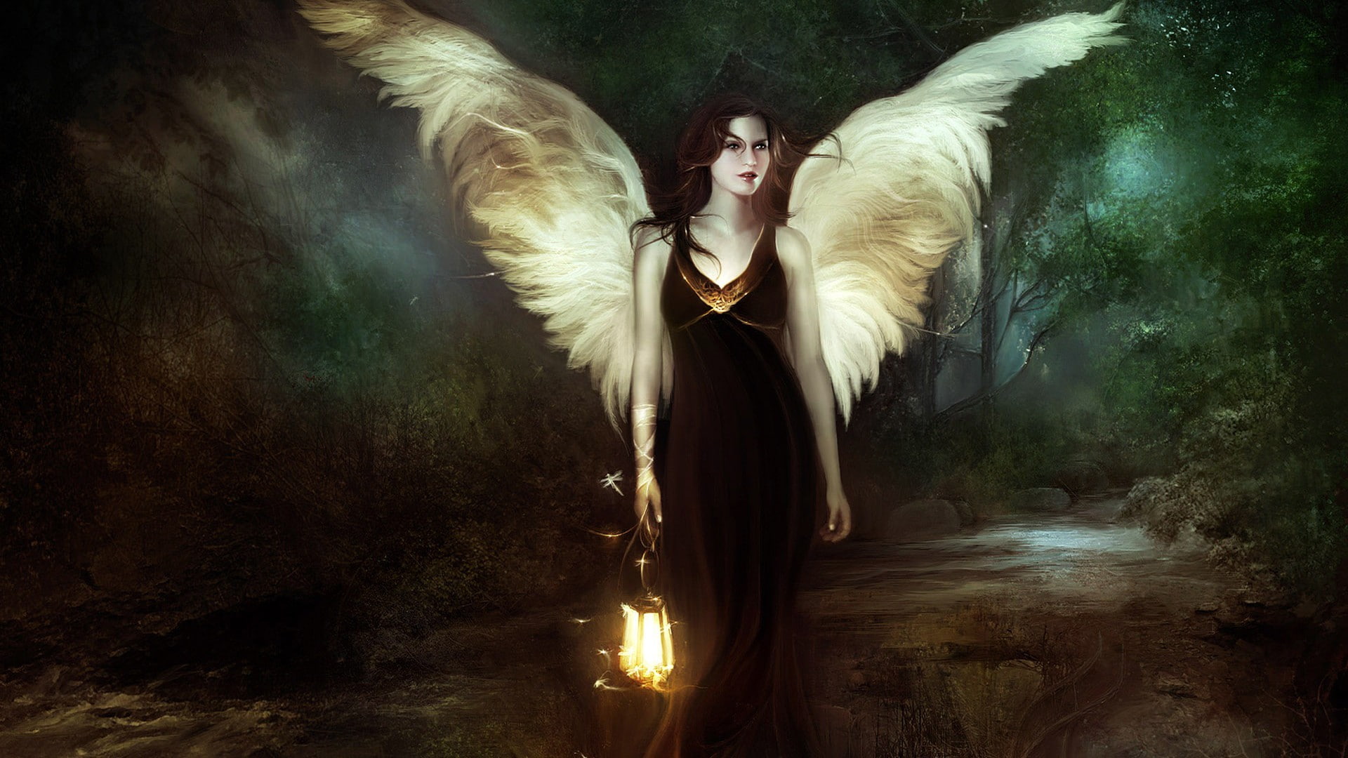 wings, lantern, art, fantasy, Angel, 1920x1080 px, monochrome, x, hd, px, 1080P, fantasy girl, artwork, girl, fantasy art, HD Wallpaper