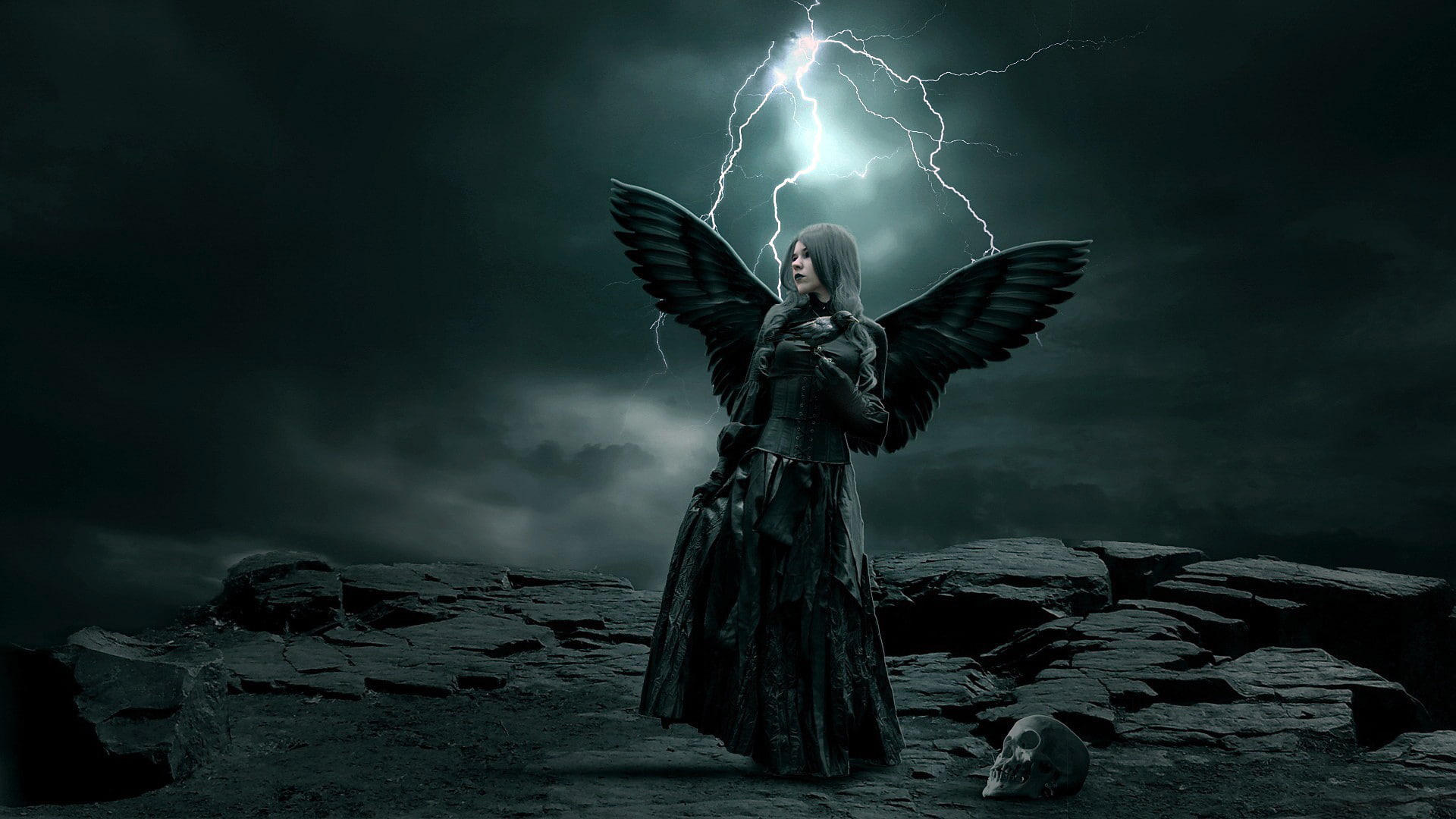 gothic, 1080P, girl, lightning, storm, wings, clouds, skull, dark, rocks, sky, angel, stones, HD Wallpaper