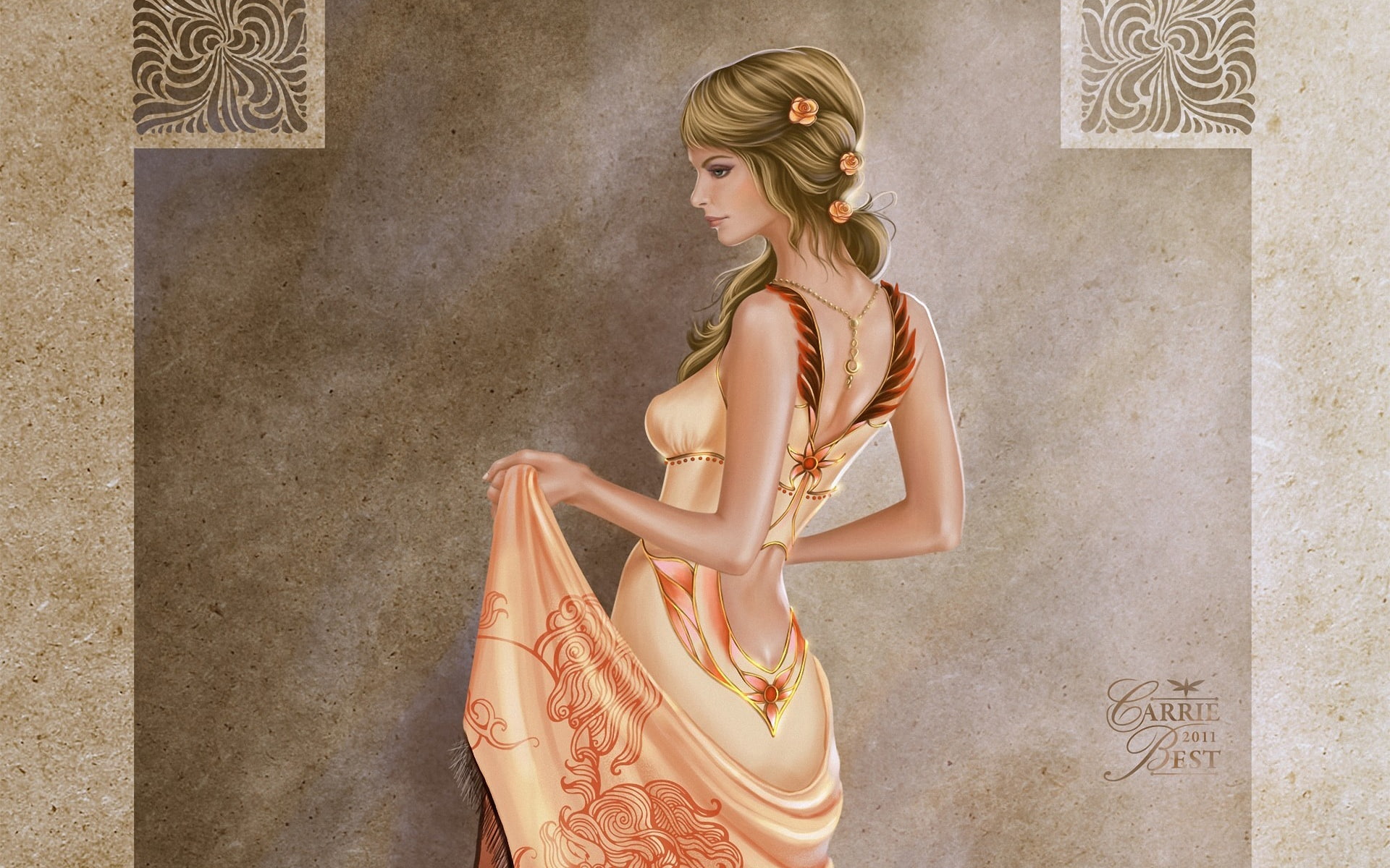 haired, Paintings, brown, Blonde, Dress, Girl, Beautiful, woman, Art, 1080P, painting, HD Wallpaper