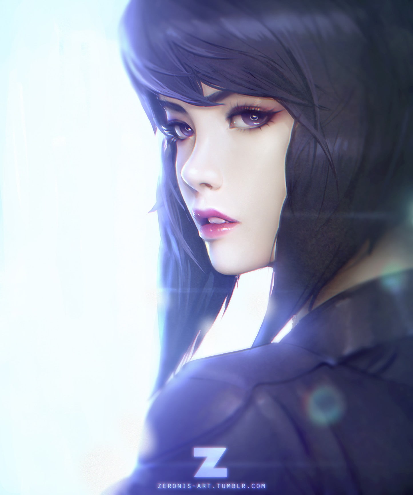 anime girls, women, cyborg, blue hair, illustration, 720P, Ghost in the Shell, Kusanagi Motoko, Phone HD Wallpaper