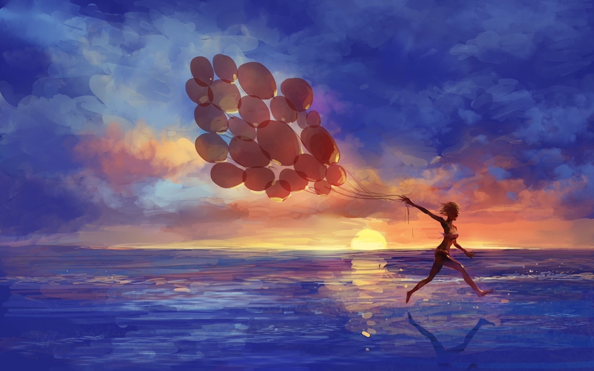 happy, mood, paintings, Motion, waves, ocean, sea, swimwear, female, artistic, clouds, girl, Run, color, art, Fun, balloon, sky, women, emotion, Seascape, HD Wallpaper