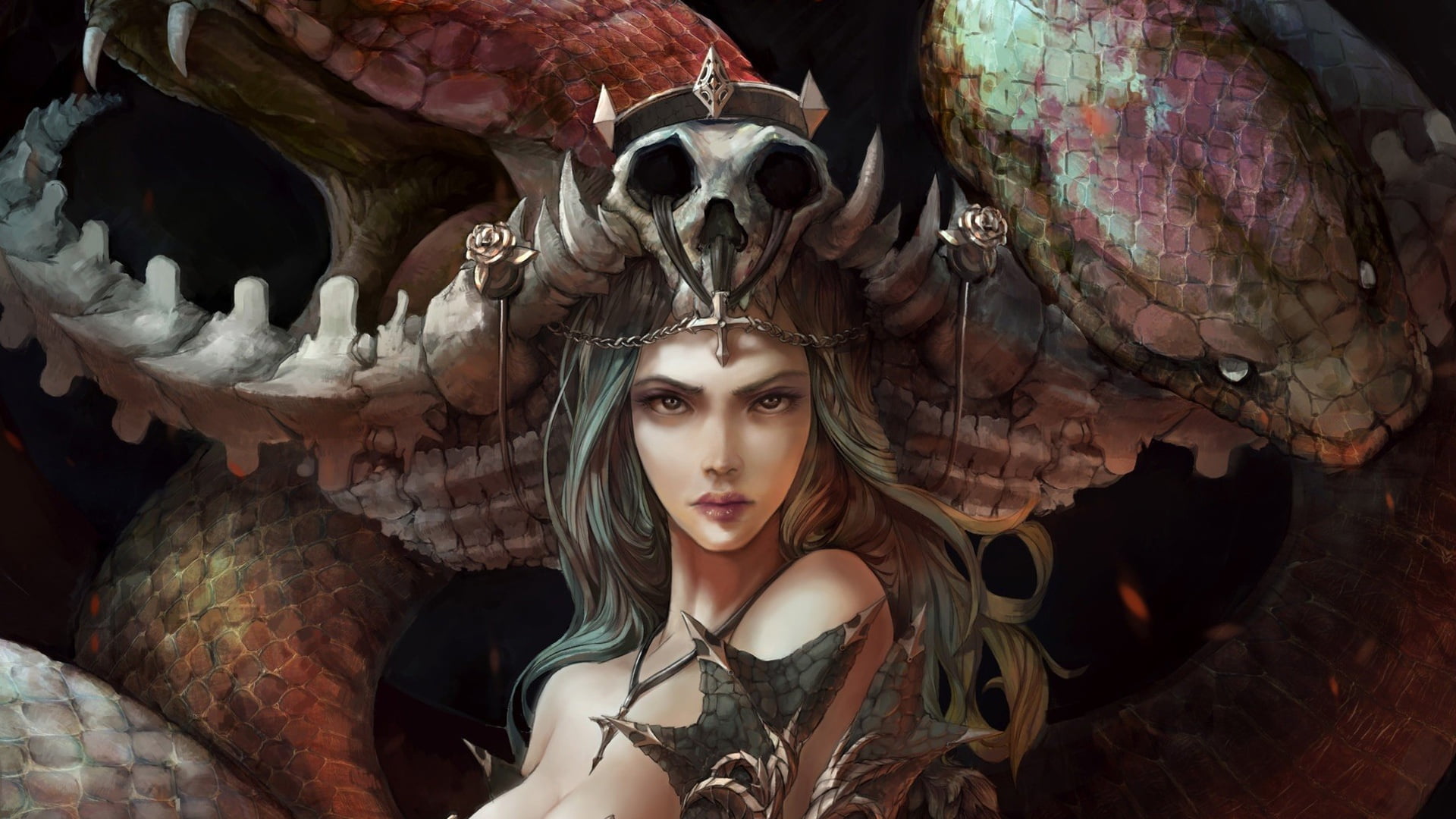 1080P, artwork, girl, fantasy art, crown, fantasy, fantasy girl, Queen, sake, face, snake, dark queen, HD Wallpaper