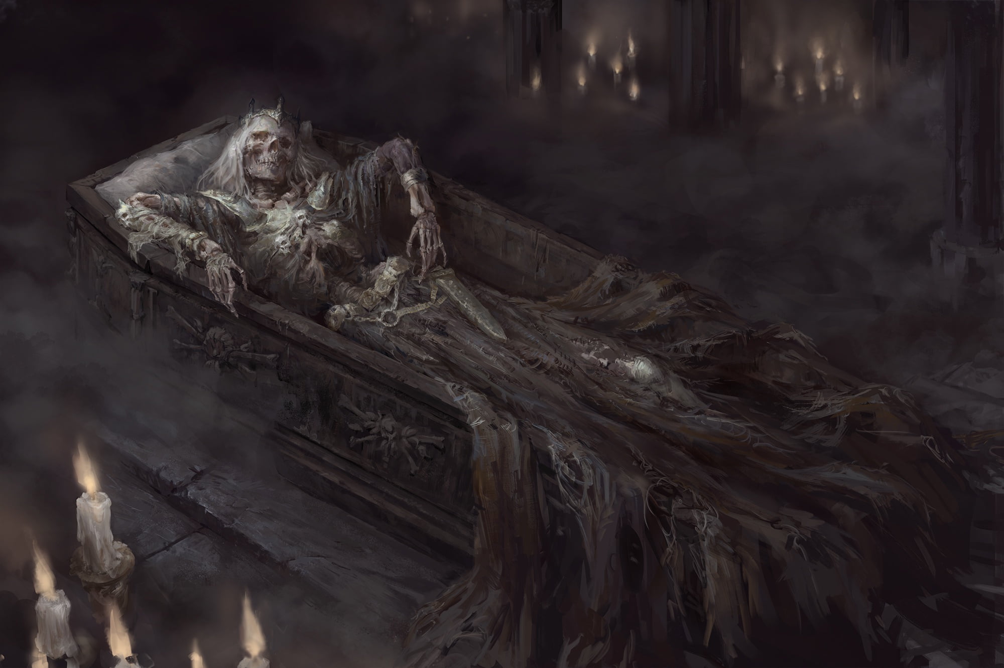 grave, warrior, crown, king, 1080P, fantasy, artwork, Skeleton, fantasy art, sword, candles, dark, HD Wallpaper