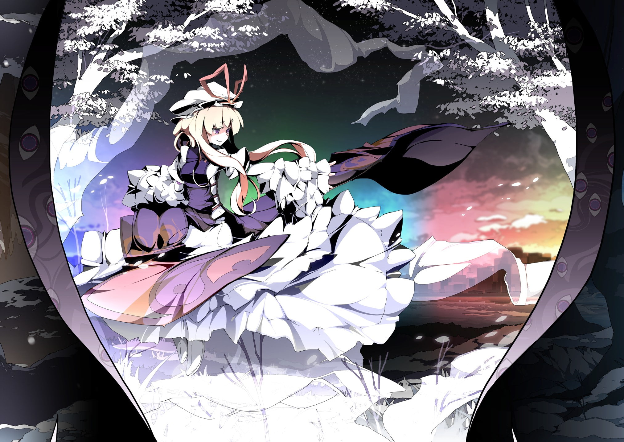 glass - material, beauty in nature, close-up, Touhou, day, mural, flower, water, Yakumo Yukari, human representation, reflection, multi colored, flowering plant, HD Wallpaper