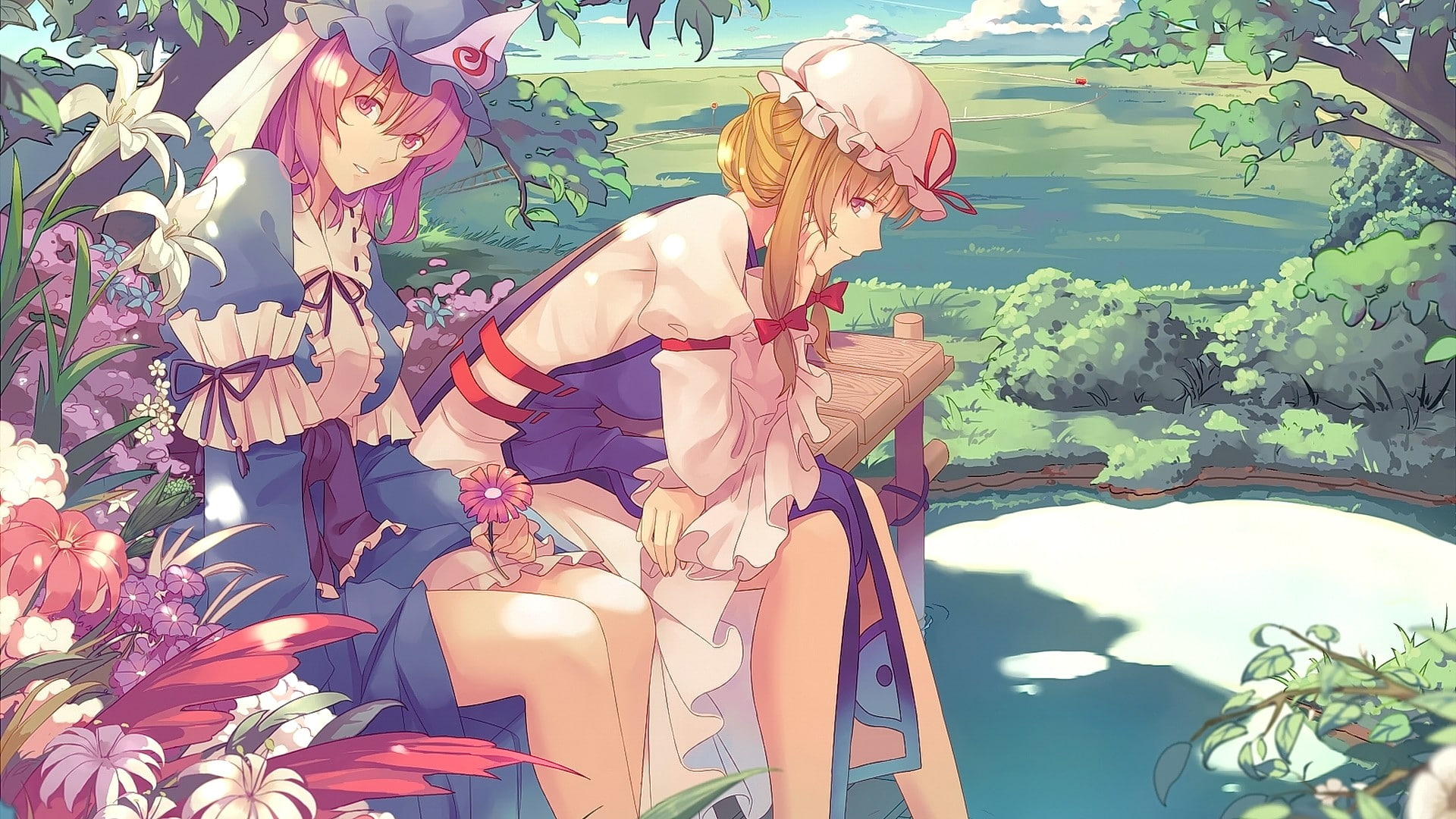 anime, short hair, Touhou, blonde, Saigyouji Yuyuko, pink hair, looking at viewer, sitting, hat, 1080P, anime girls, Yakumo Yukari, HD Wallpaper