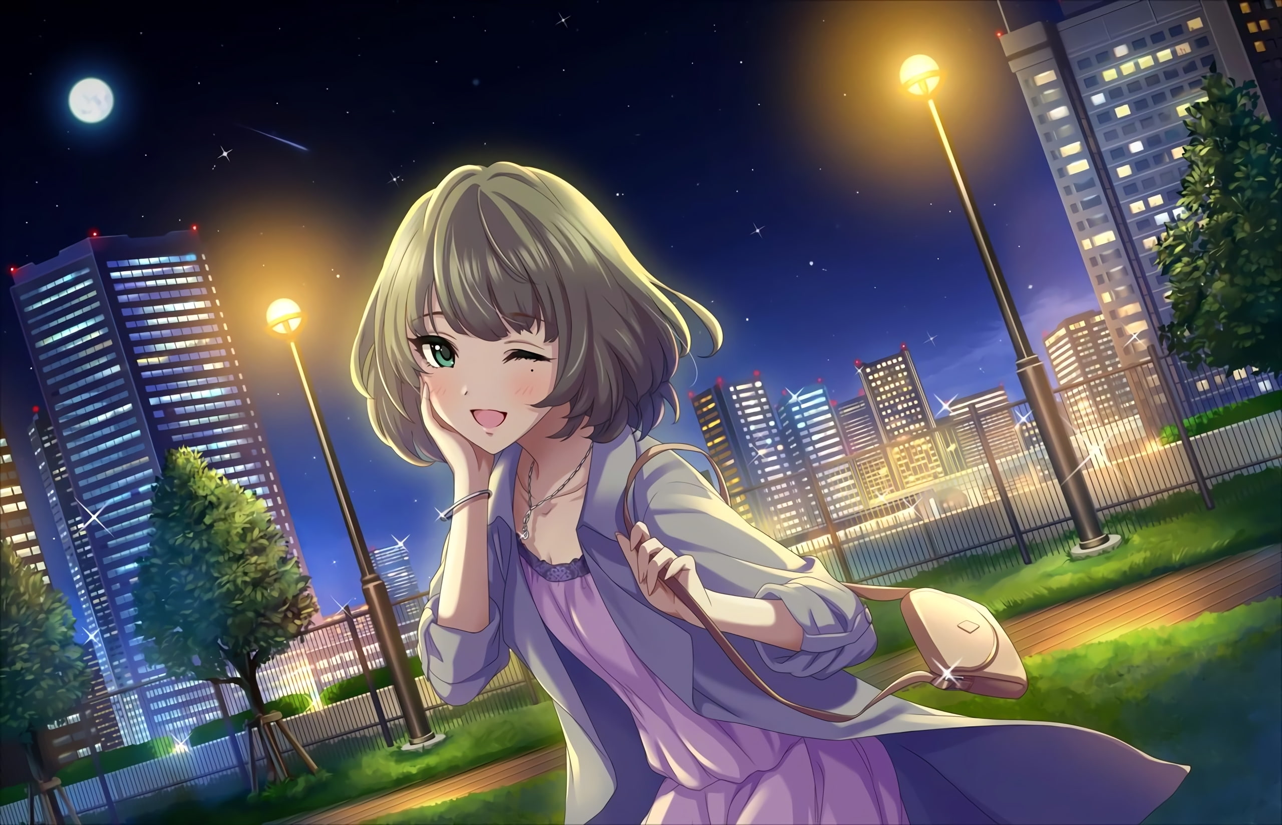 night, blond hair, portrait, beauty, young adult, Anime, adult, hair, outdoors, illuminated, hairstyle, the idolmaster cinderella girls, beautiful woman, HD Wallpaper