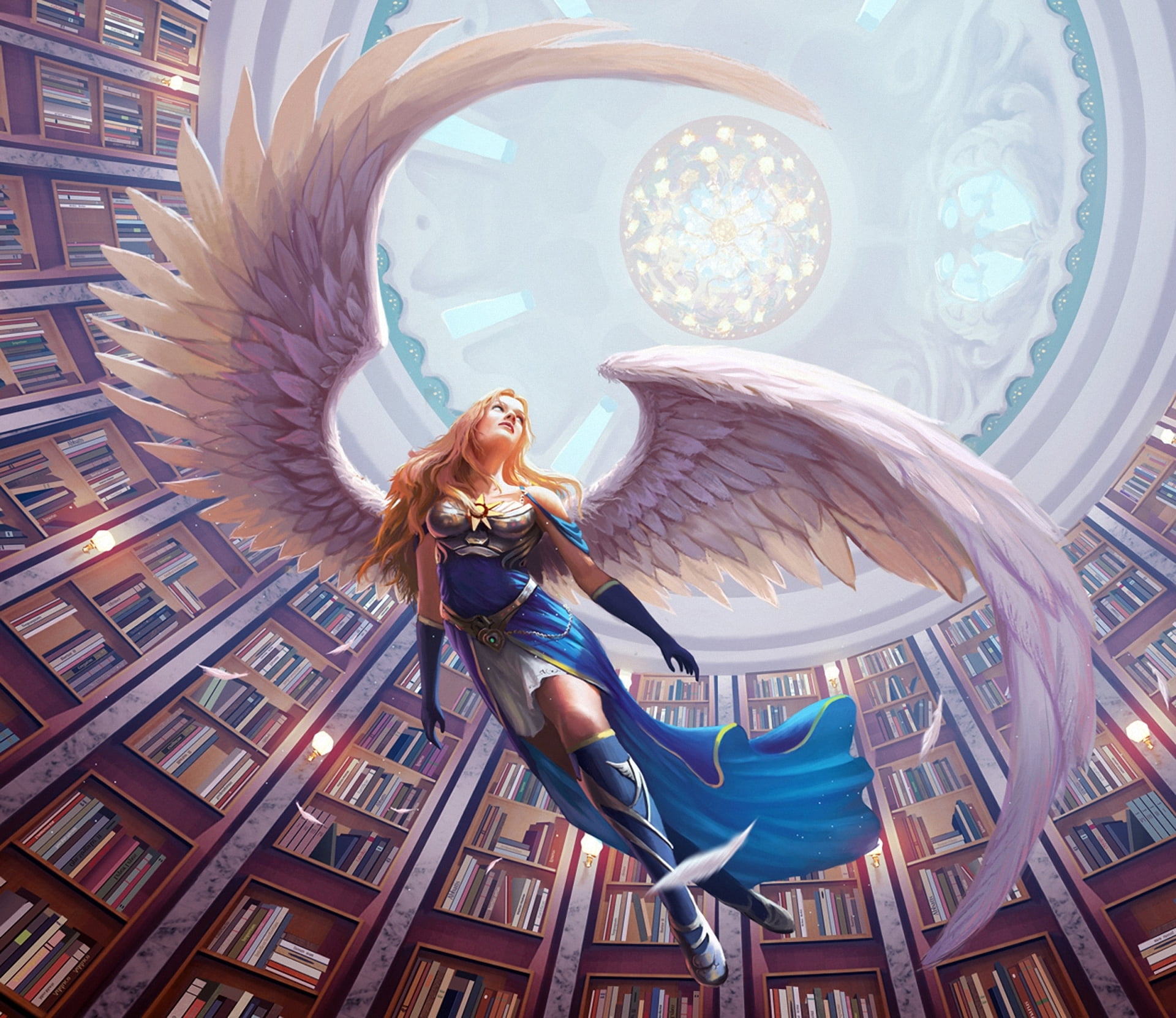 leisure activity, feathers, young Adult, angel, indoors, wings, caucasian Ethnicity, beauty, beautiful woman, hair, smiling, people, 1080P, books, adult, HD Wallpaper