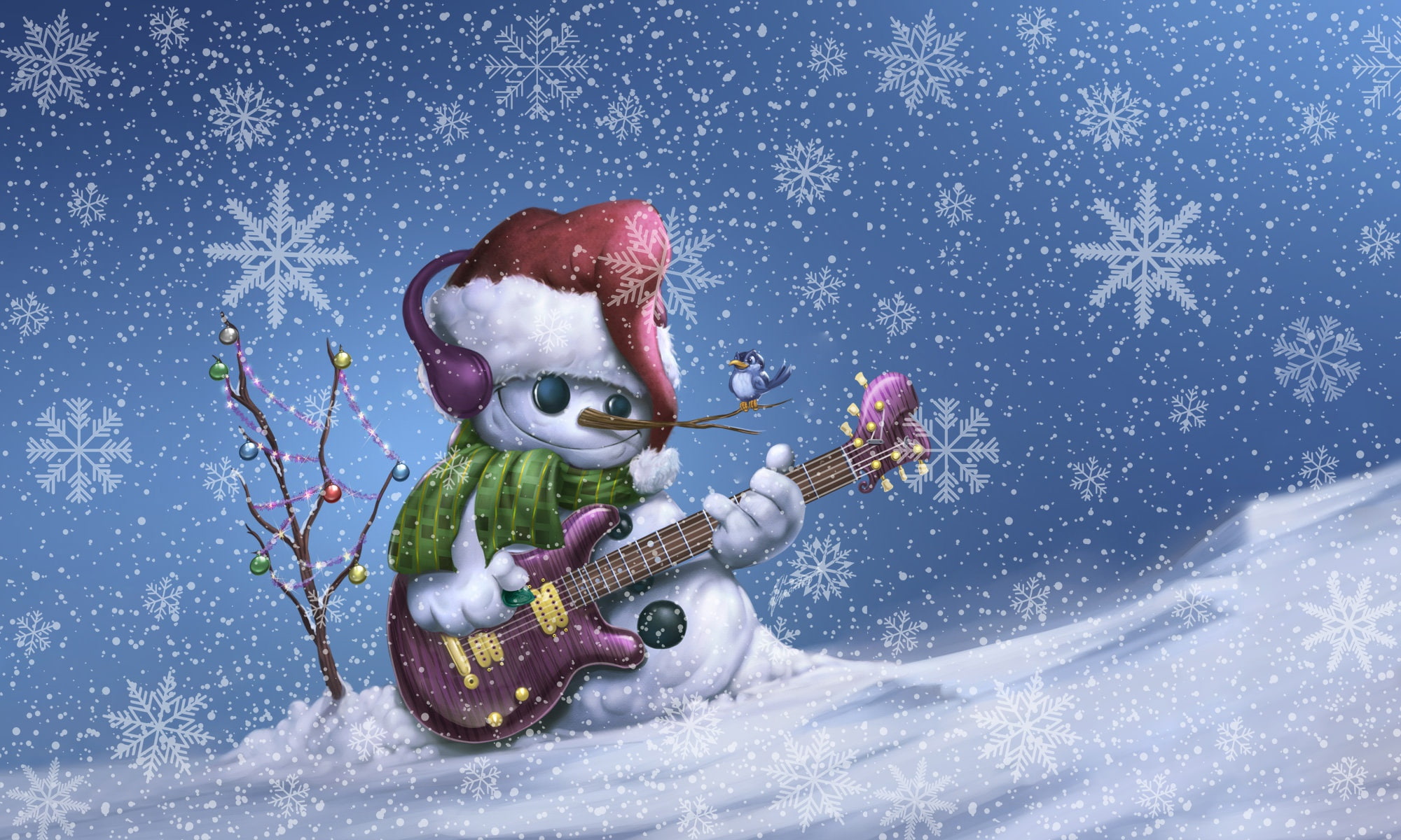 Snowflakes, 1080P, Snow, by Martin Mariano Hernandez Tena, Bird, Snowboard, Winter, Holiday, Illustration, Background, Christmas, Guitar, Snowman, New year, HD Wallpaper