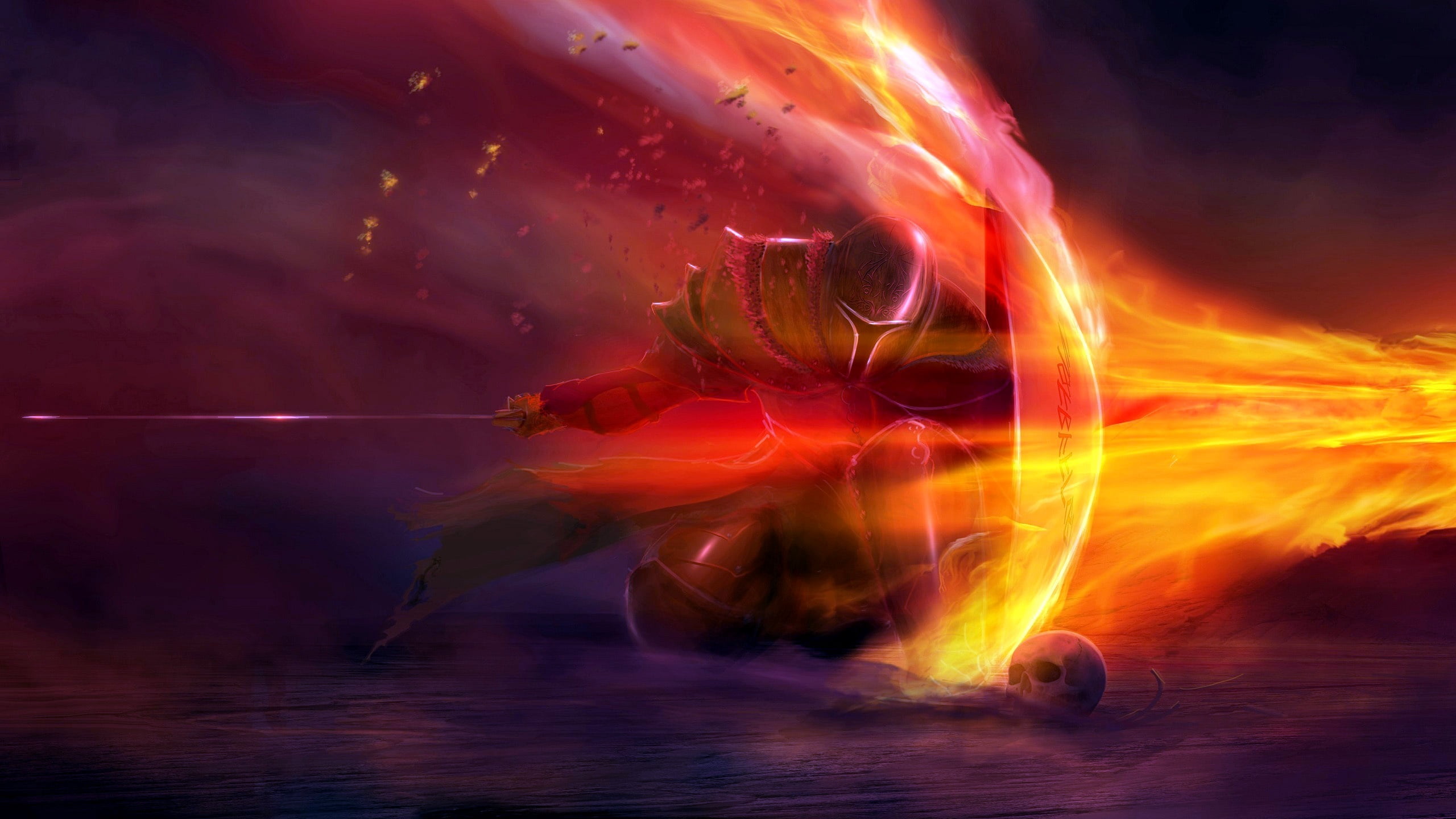 warrior, Knight, fantasy, armor, fantasy art, shield, soldier, artwork, sake, sword, weapon, 2K, pearls, fire, HD Wallpaper