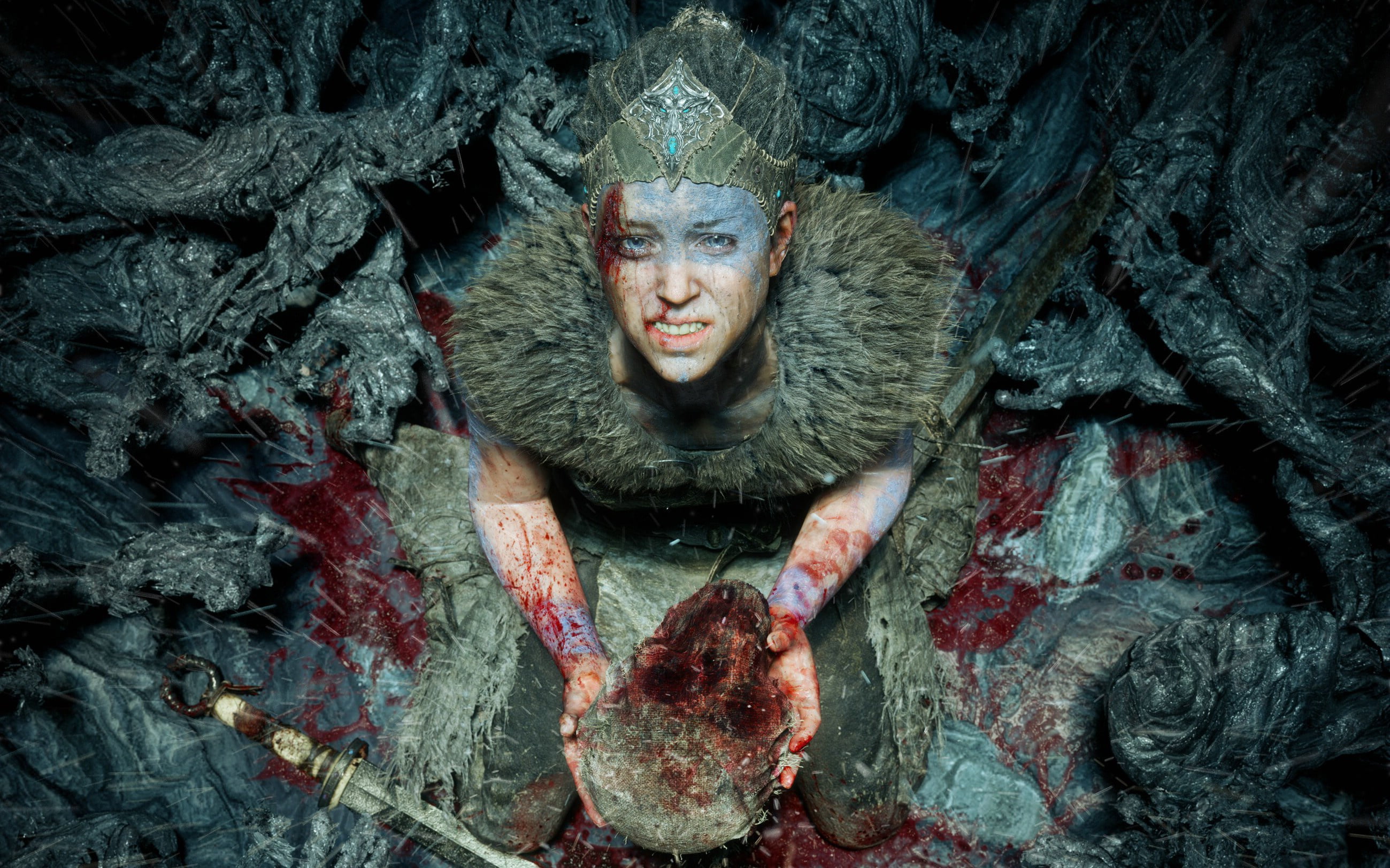 Hellblade Senuas Sacrifice, 2K, men, high angle view, one person, directly above, sake, head, adult, blade, toothy smile, front view, mature adult, game, HD Wallpaper