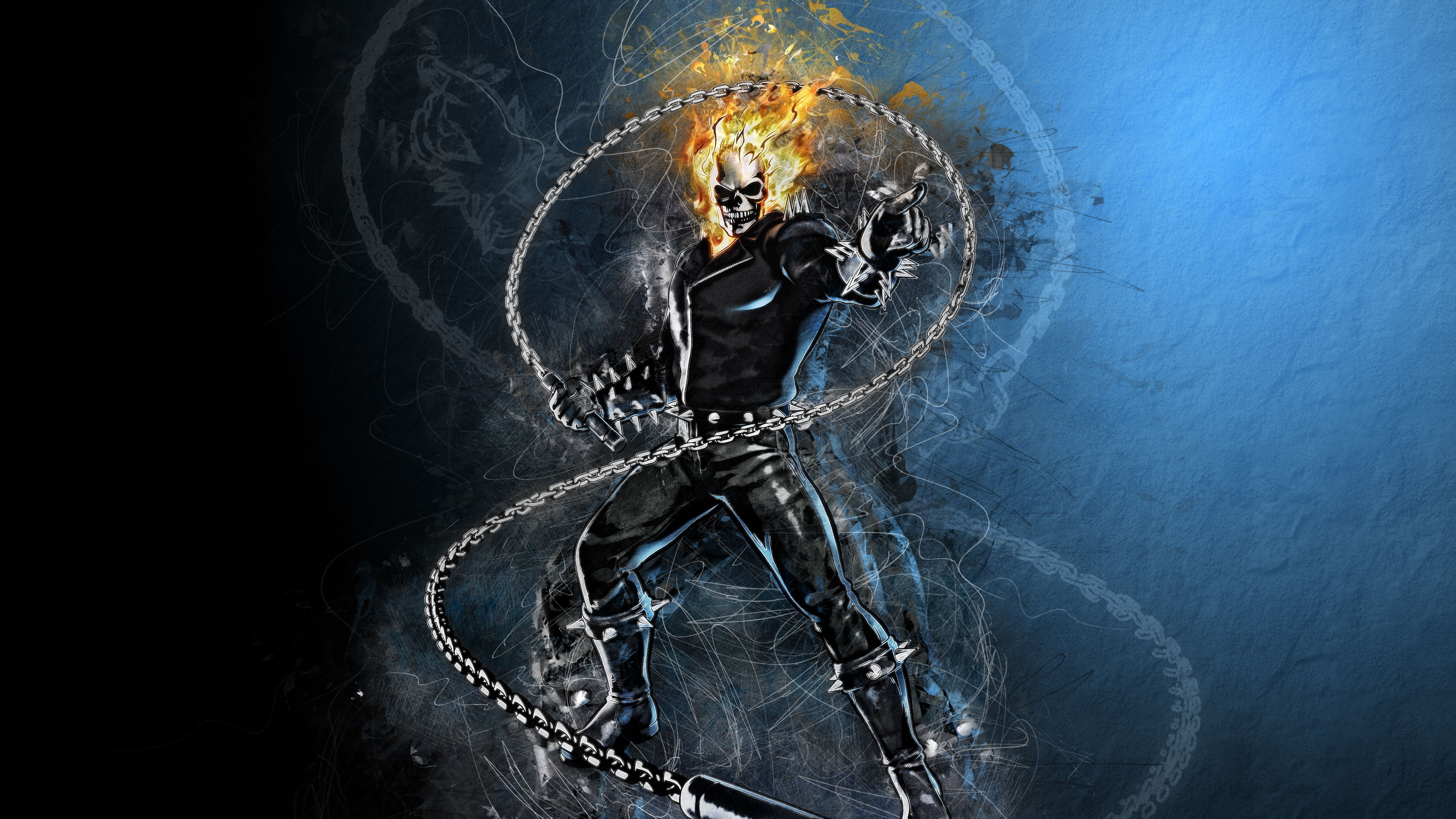 sake, fantasy art, 4K, Marvel, superhero, fantasy, Ghost Rider, digital art, artwork, comics, chain, flames, fire, HD Wallpaper