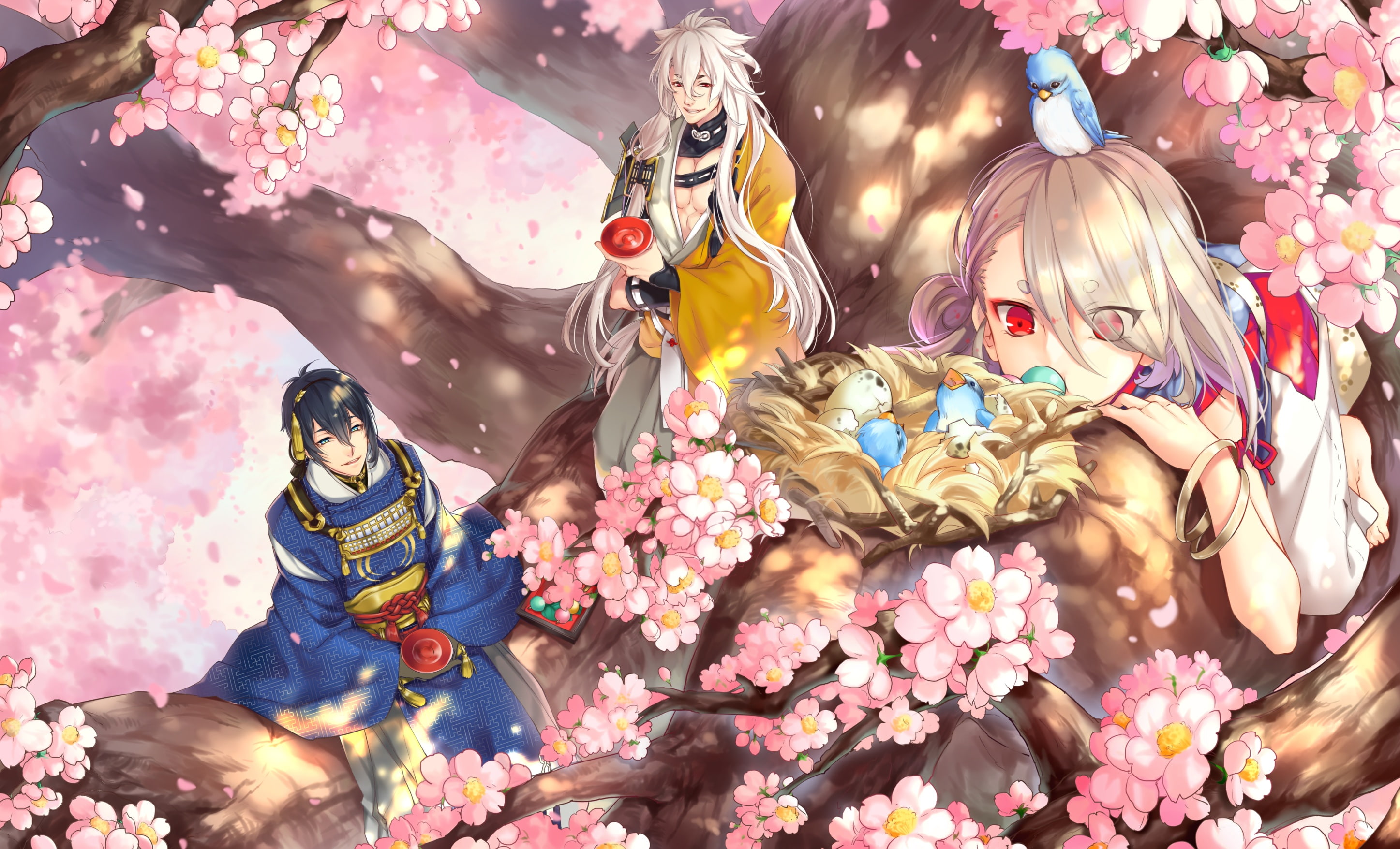 food, 237338, male, eyes, blonde, all, com, flowers, animal, sake, white, red, long, black, konachan, drink, ranbu, touken, tree, short, aqua, hair, bird, HD Wallpaper