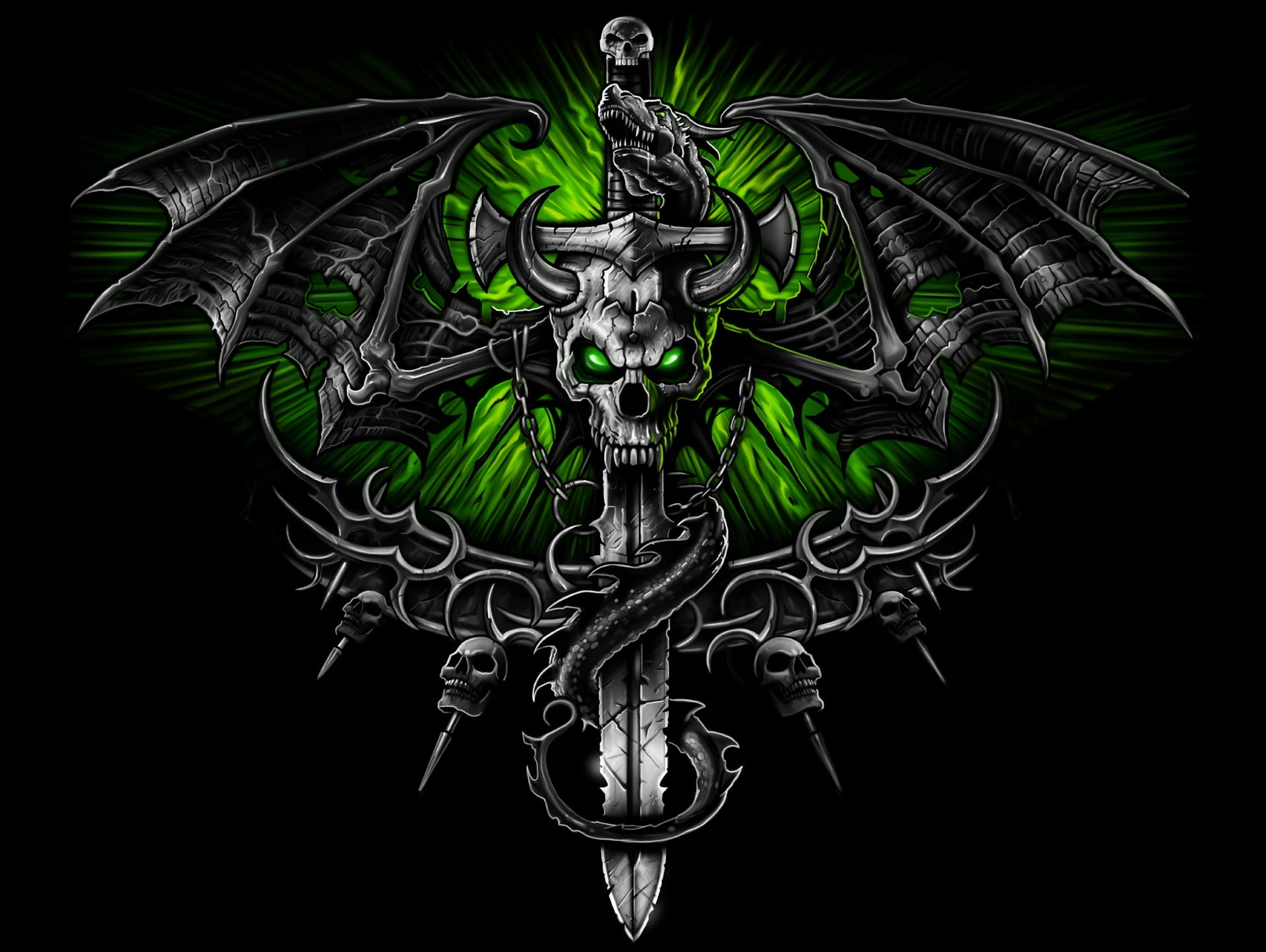 green color, sake, skeleton, evil, no people, dark, art and craft, indoors, animal body part, spooky, black background, creativity, dragon, representation, HD Wallpaper
