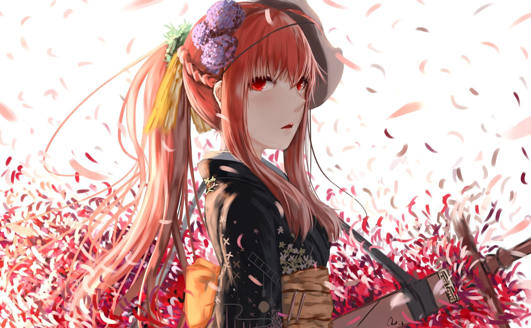 hair, 720P, females, real people, girls, Elesis (Elsword), anime girls, hairstyle, three quarter length, petals, standing, weapon, festival, clothing, HD Wallpaper