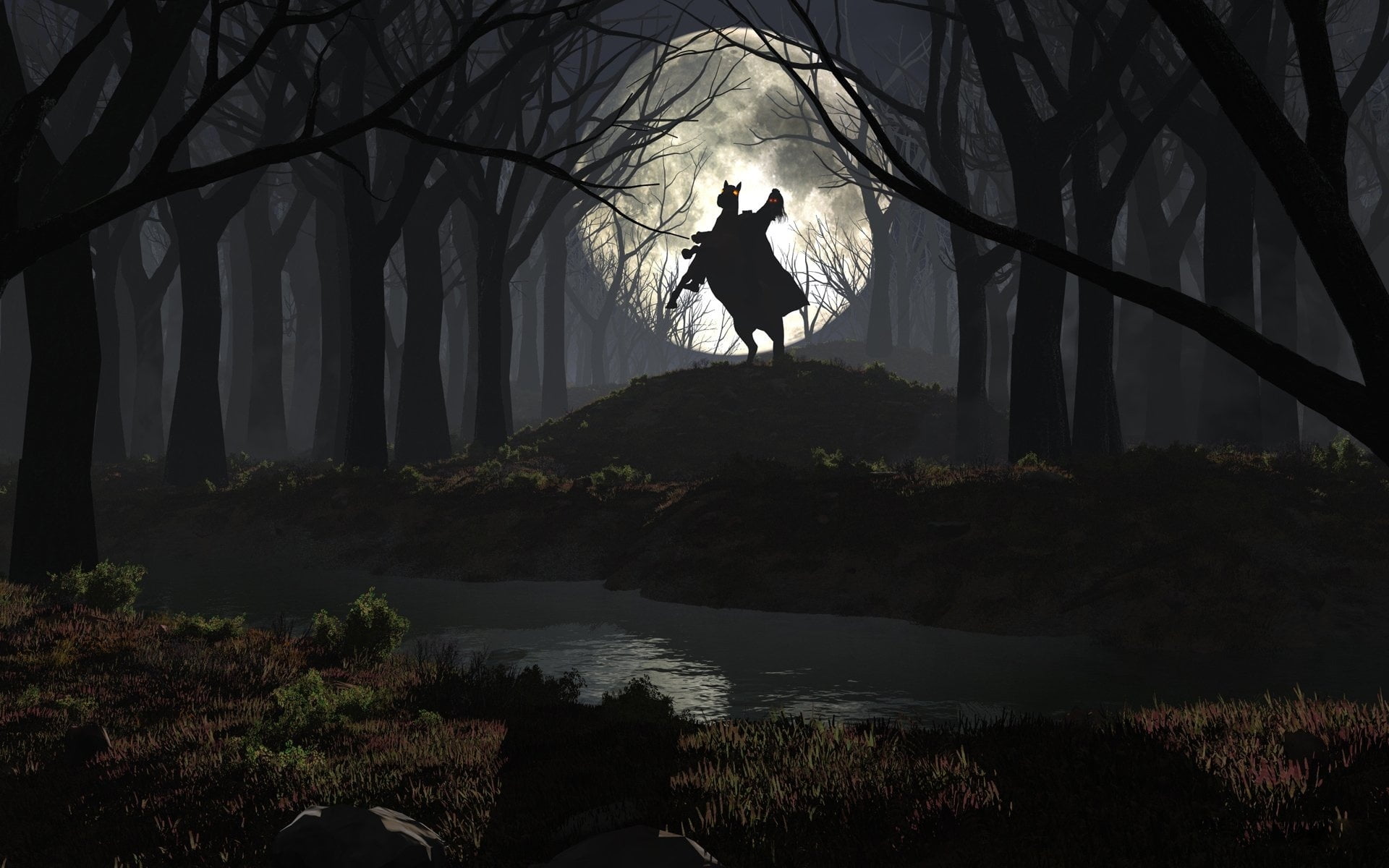 domestic, landscape, livestock, tree, animal, outdoors, vertebrate, black, horseback riding, one Person, fog, one animal, back Lit, solitude, spooky, people, HD Wallpaper