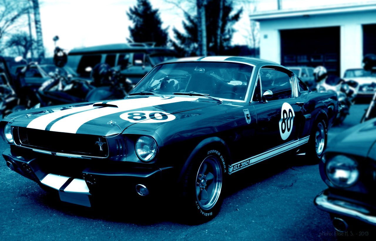 transportation, building exterior, car, stationary, Ford Mustang, sedan, vintage car, 720P, black, land vehicle, architecture, street, no people, outdoors, HD Wallpaper
