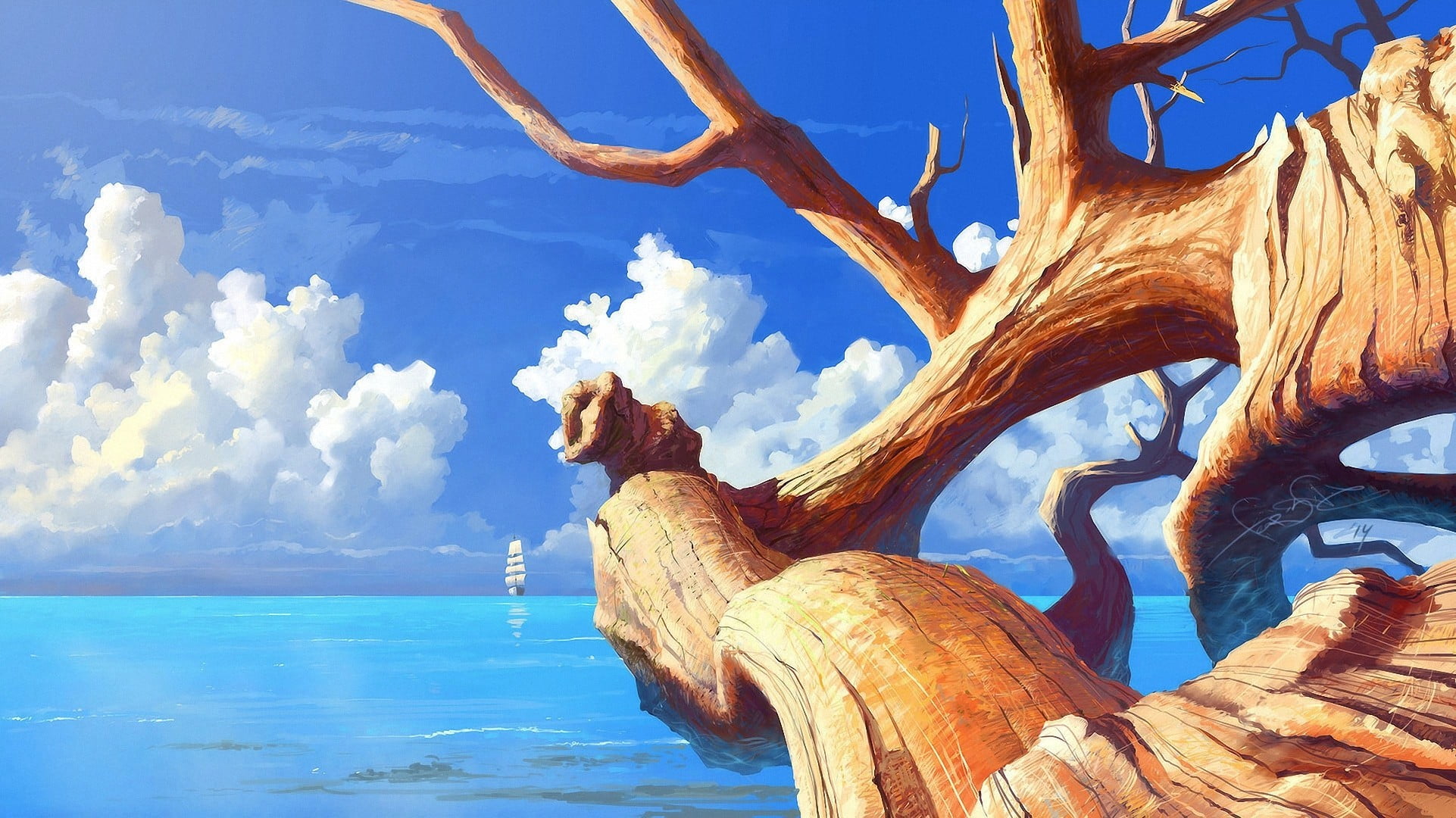 sea, painting, clouds, sunlight, scenics - nature, blue, cloud - sky, artwork, 1080P, no people, horizon, body, idyllic, turquoise colored, horizon over water, HD Wallpaper