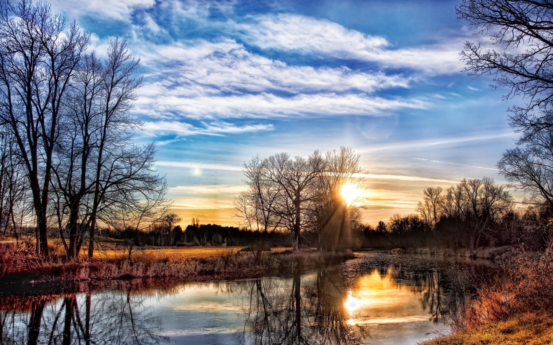 near, 1080P, scenics - nature, water, no people, cloud - sky, painting, non-urban scene, plant, lake, body, nature, sunlight, brown, tranquil scene, orange color, HD Wallpaper