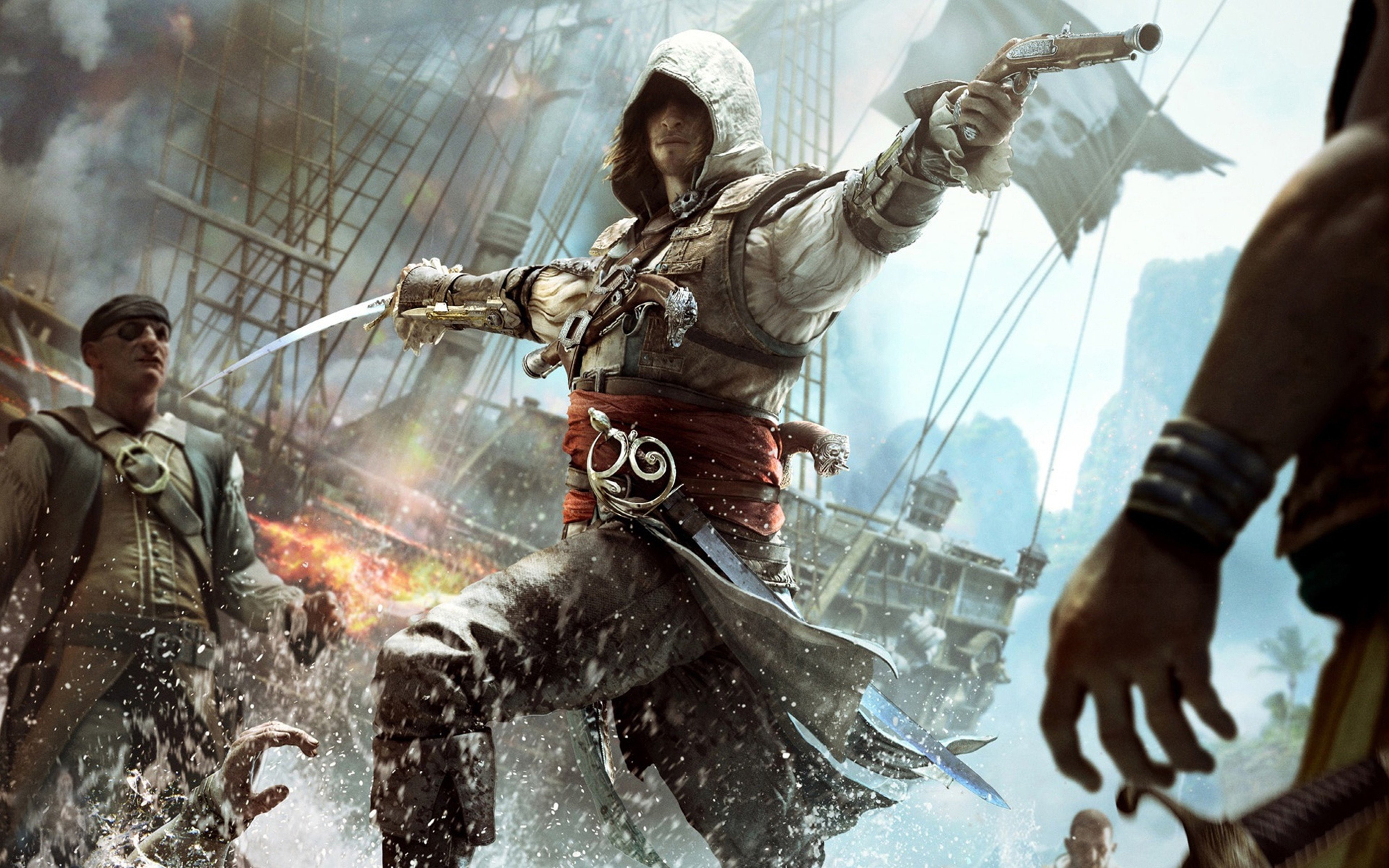 outdoors, holding, Assassins, 4K, game, incidental people, day, nature, architecture, men, ship, Flag, occupation, water, human hand, Creed, real people, HD Wallpaper