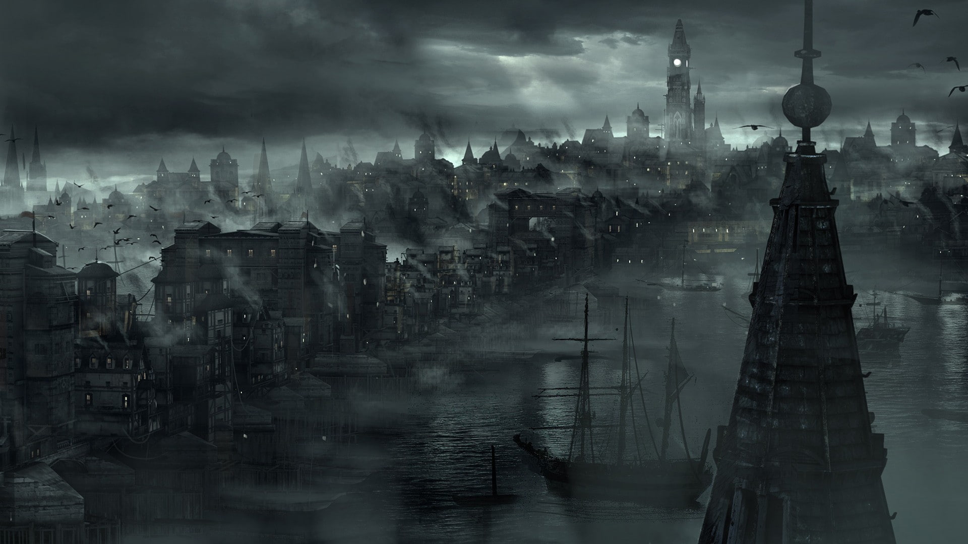 fantasy city, boat, river, fantasy art, mist, cityscape, dark, city, 1080P, HD Wallpaper