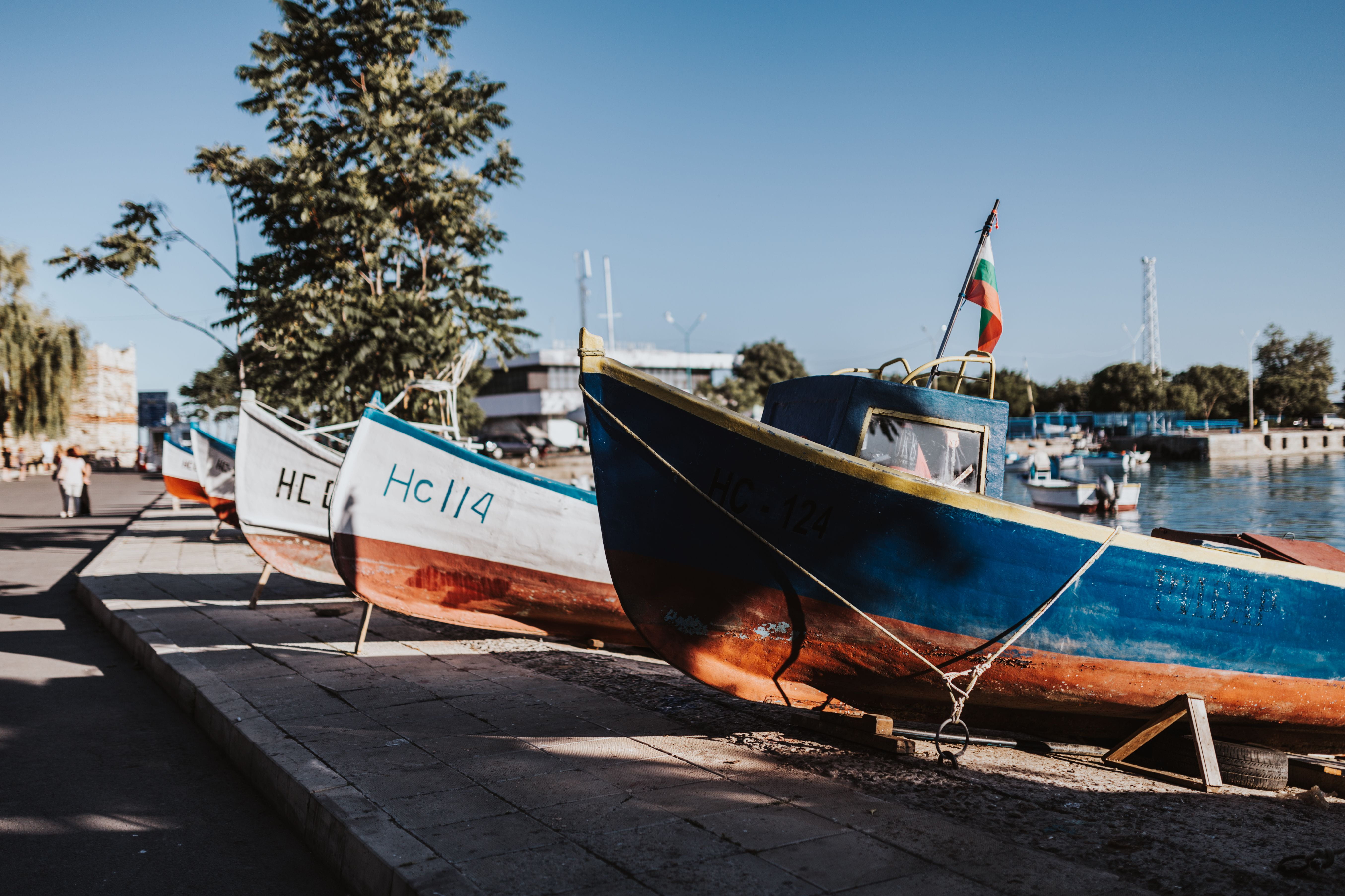blue, mode of transportation, marina, 5K, boats, text, town, harbor, water, nautical Vessel, sky, old, plant, unesco, transportation, moored, balkan, anchored, HD Wallpaper
