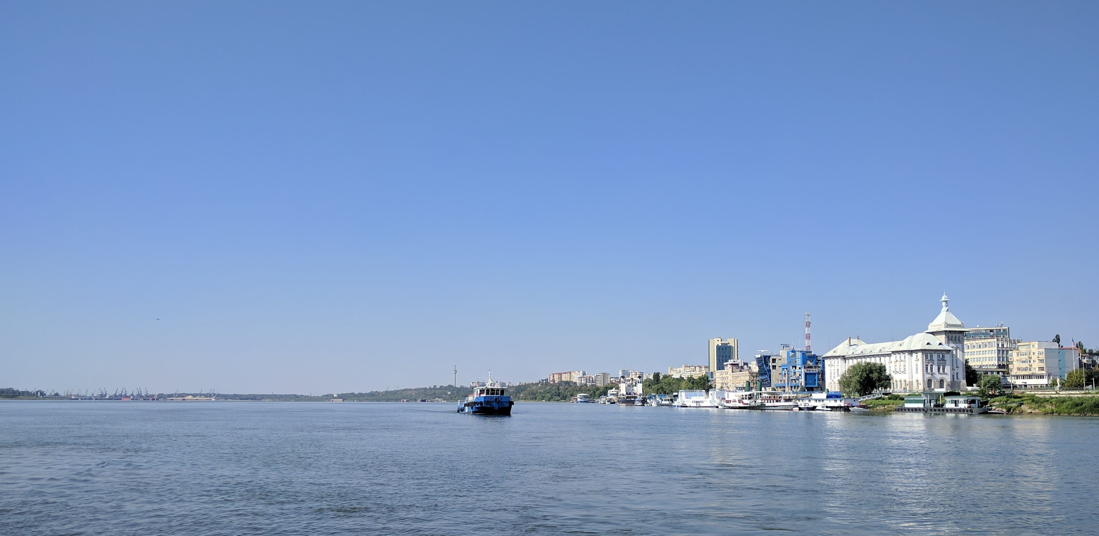 architecture, danube, river, city, nature, building, blue, water, clear sky, ship, romania, waterfront, navigation, 2K, travel, built structure, tourism, HD Wallpaper