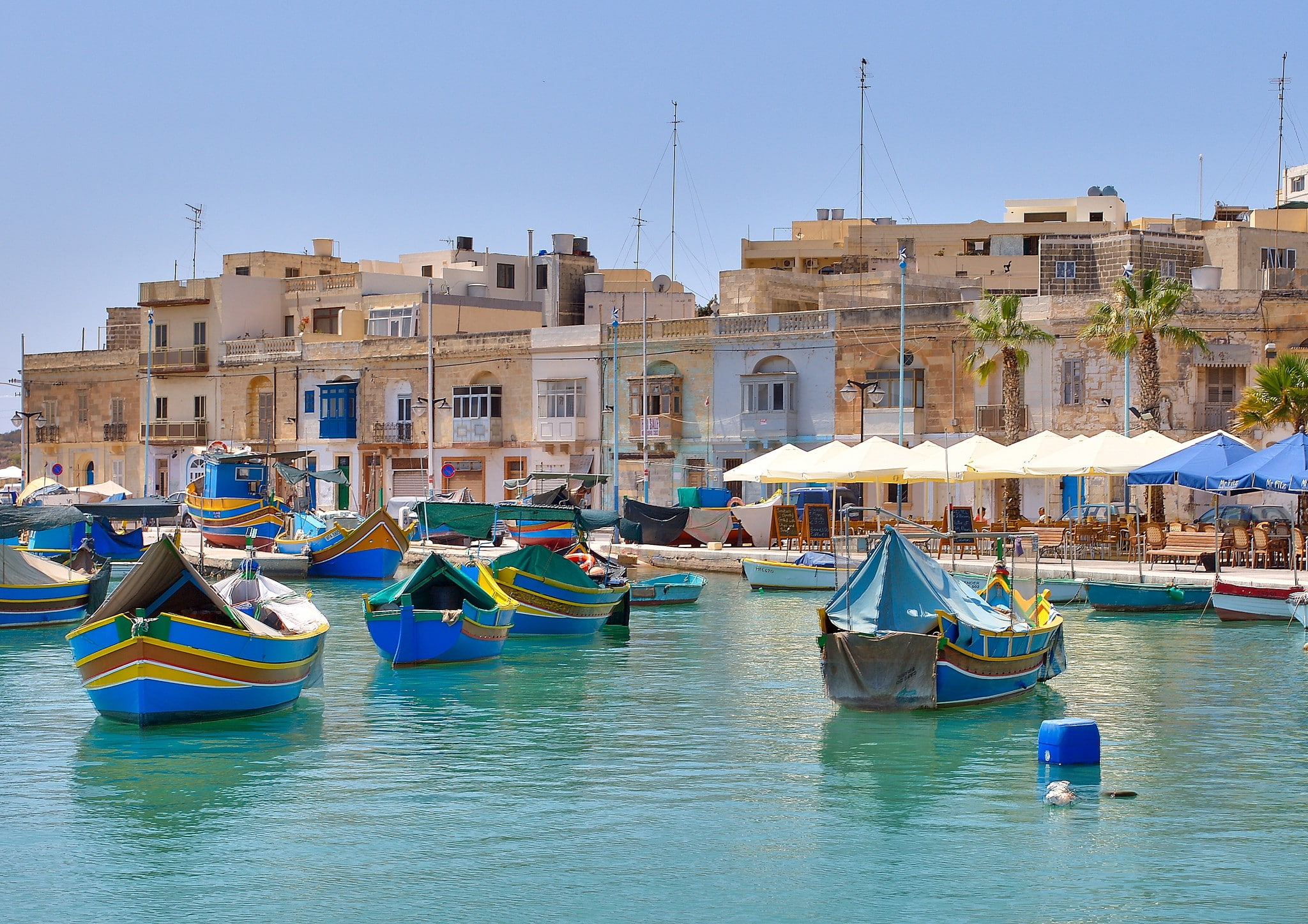 1080P, Malta, palm trees, harbor, village, boat, fishing boat, HD Wallpaper