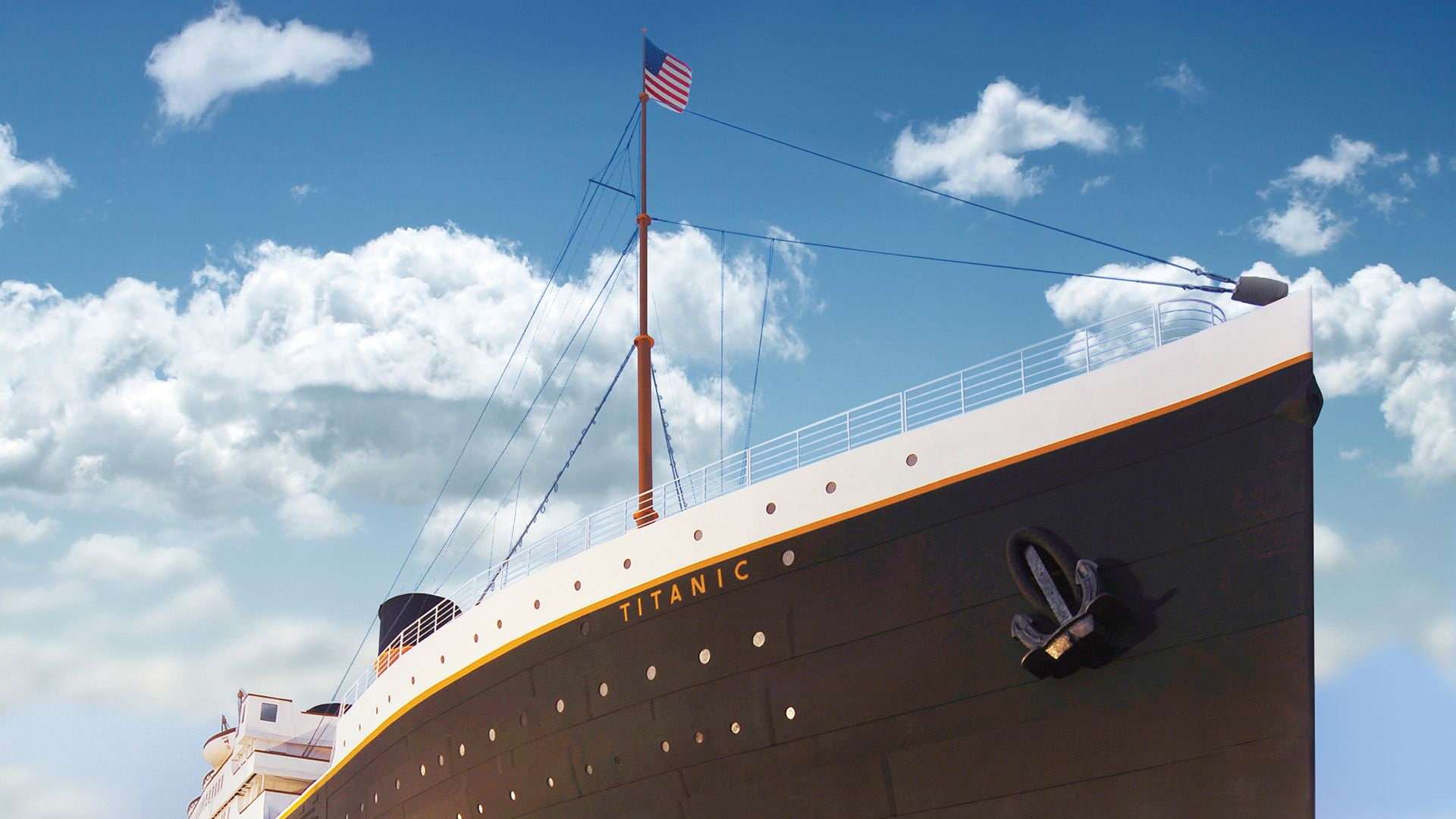 sailing, flag, render, bow, clouds, anchor, american flag, 1080P, hd, sun, titanic, HD Wallpaper