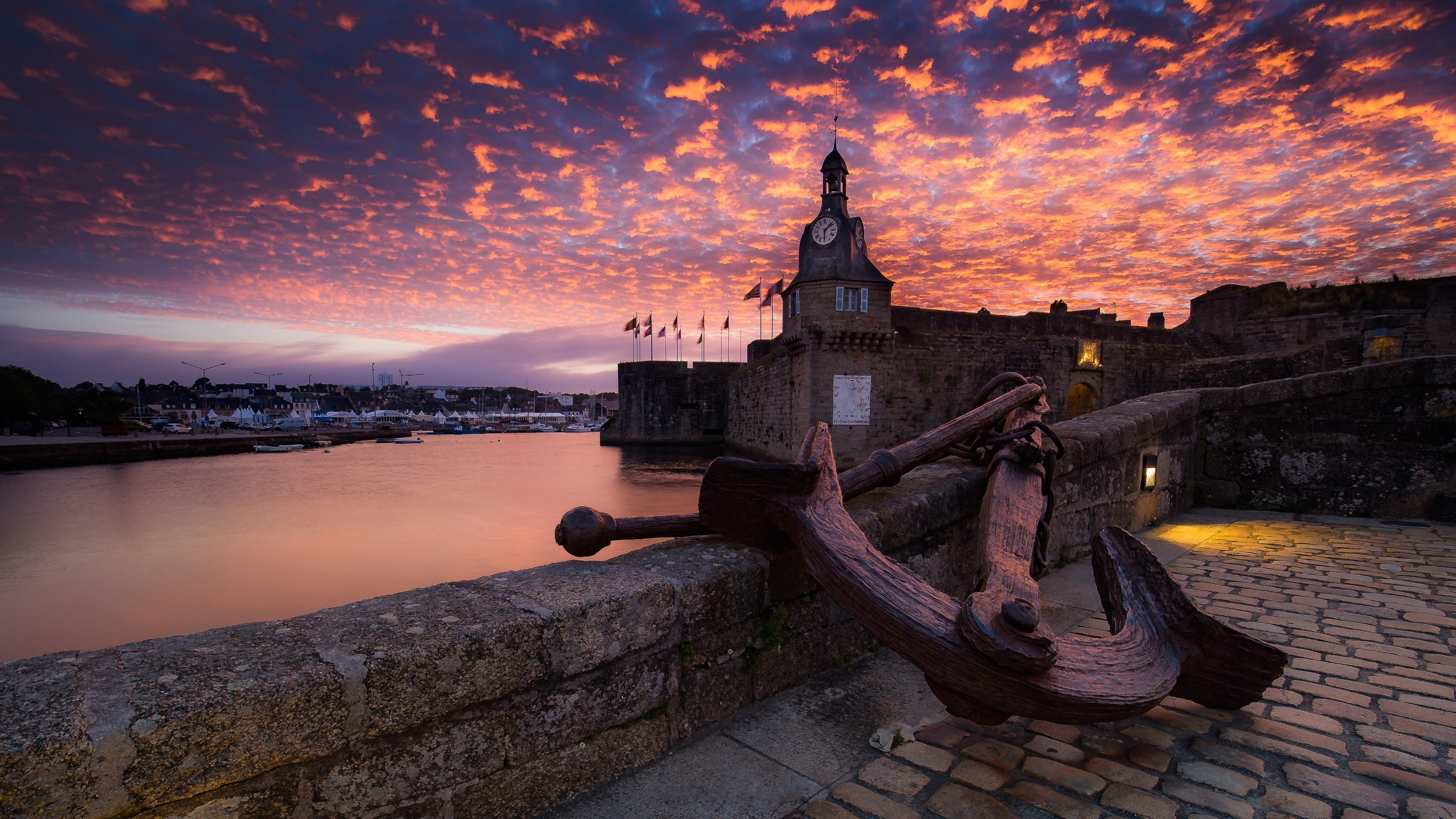 landscape, tourism, evening, water, purple landscape, sunset, clock tower, dusk, purple sky, anchor, sky, 4K, cloud, HD Wallpaper