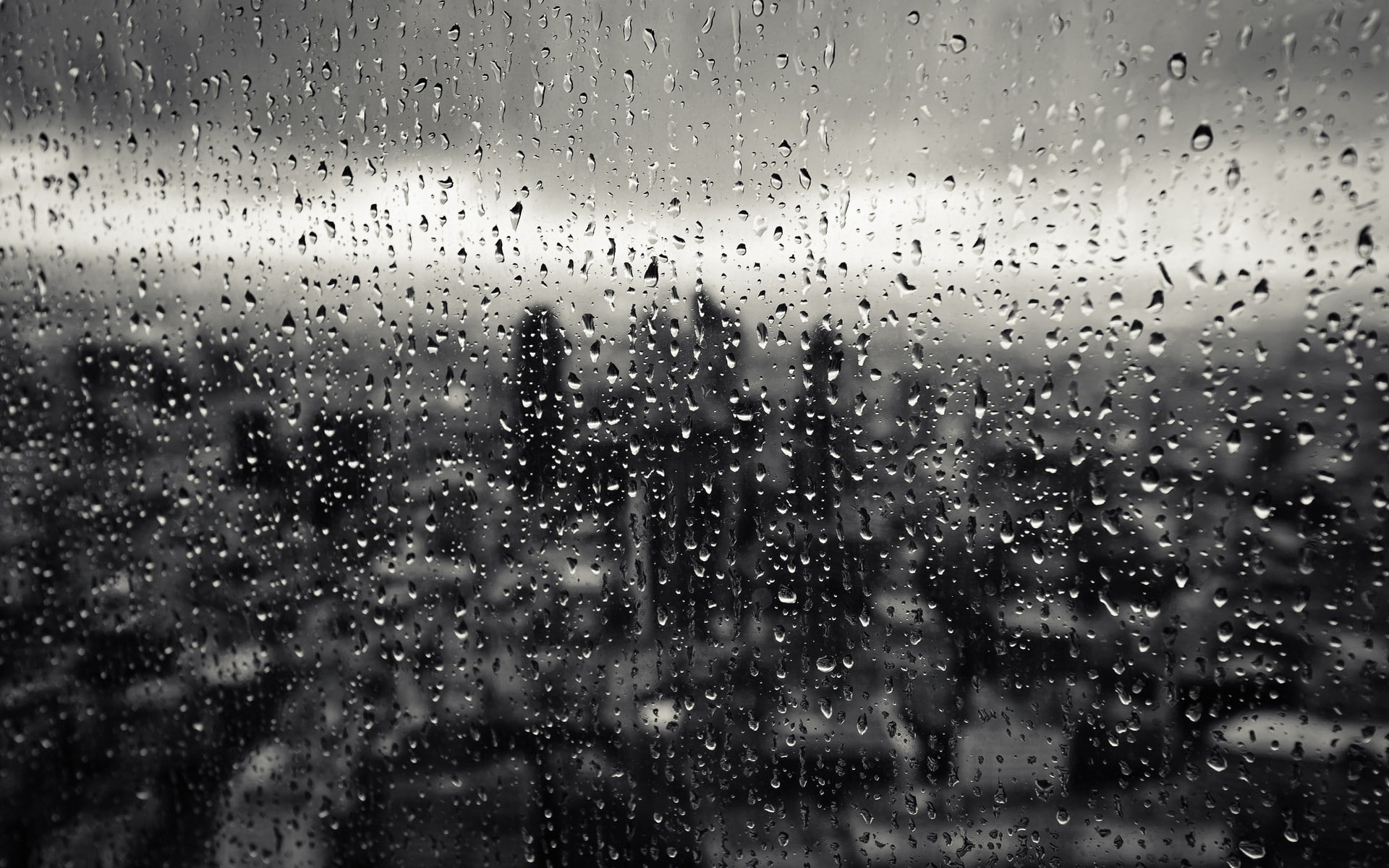 city, monochrome, rain, 1080P, gray, water drops, water on glass, HD Wallpaper