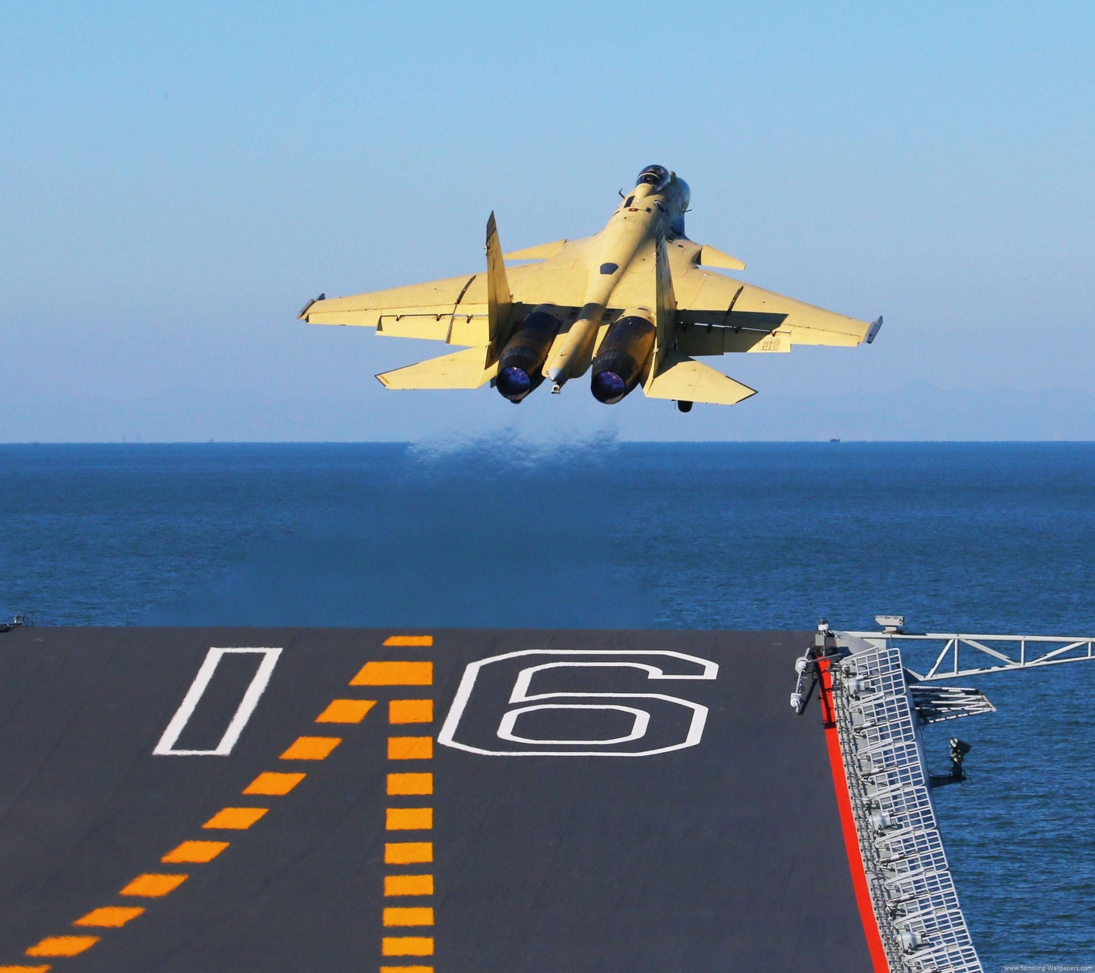 motion, day, plane, blue, airplane, navy, flying, aircraft, 1080P, jet, Shenyang J-15, on the move, yellow, air vehicle, horizon over water, water, nature, HD Wallpaper