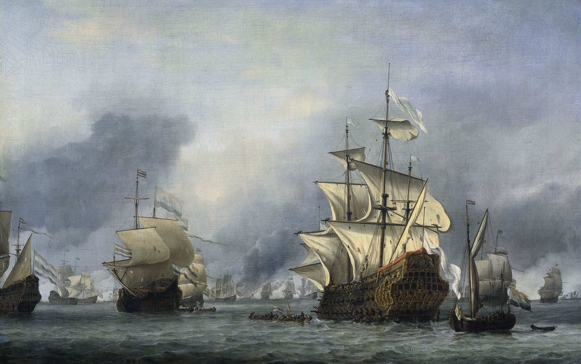 Willem van de Velde the Younger, canvas, oil, sail, ship, 1080P, picture, The Capture Of The Flagship Of The English Fleet, HD Wallpaper