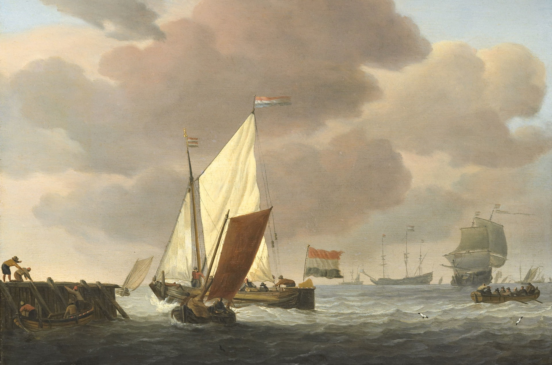 seascape, sail, Boats at the Shore. Fresh Breeze, 1080P, tree, Willem van de Velde the Younger, oil, picture, HD Wallpaper